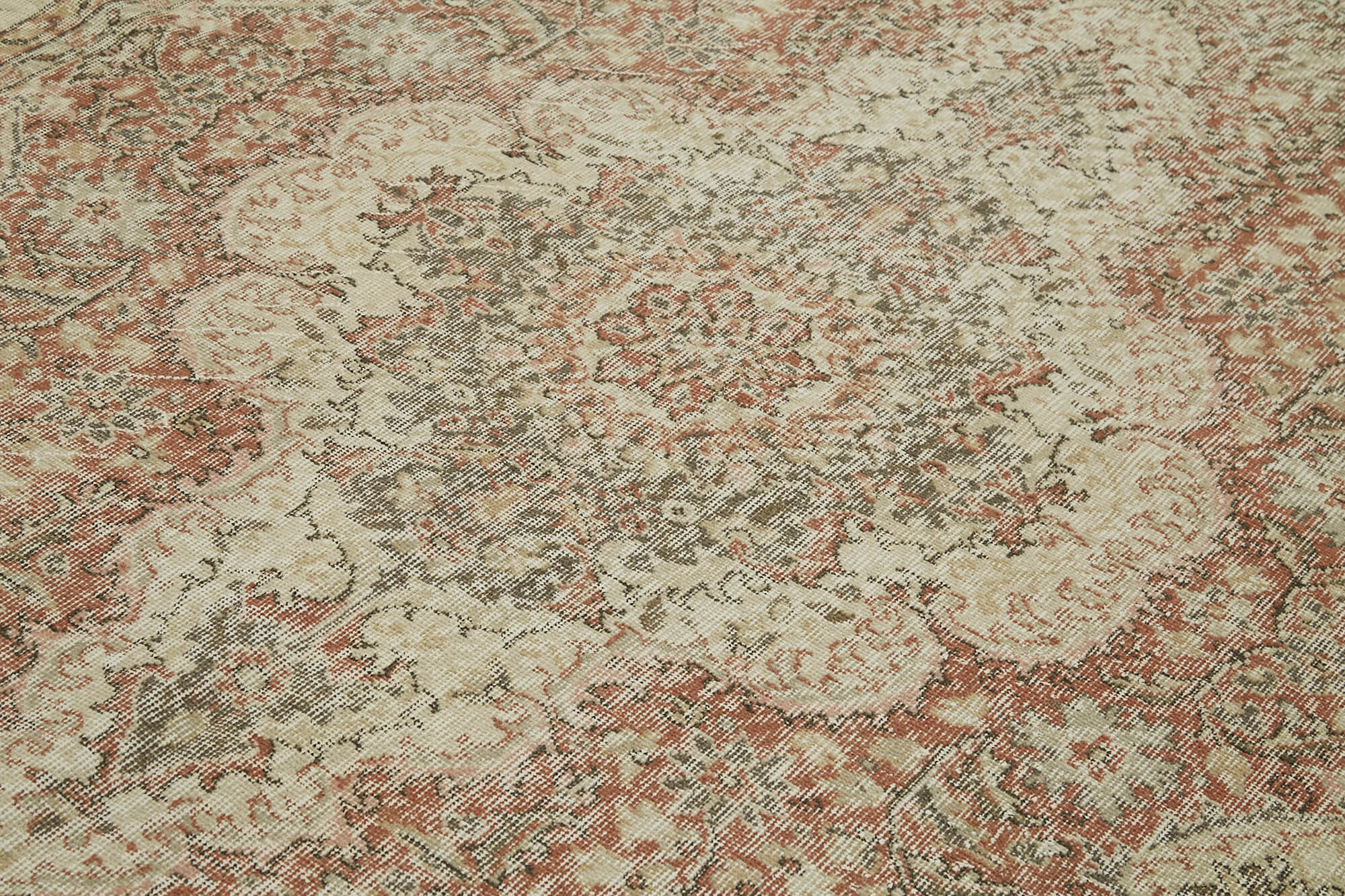 Vintage Bej Eskitme Yün Pamuk El Dokuma Halısı 207x317 Agacan