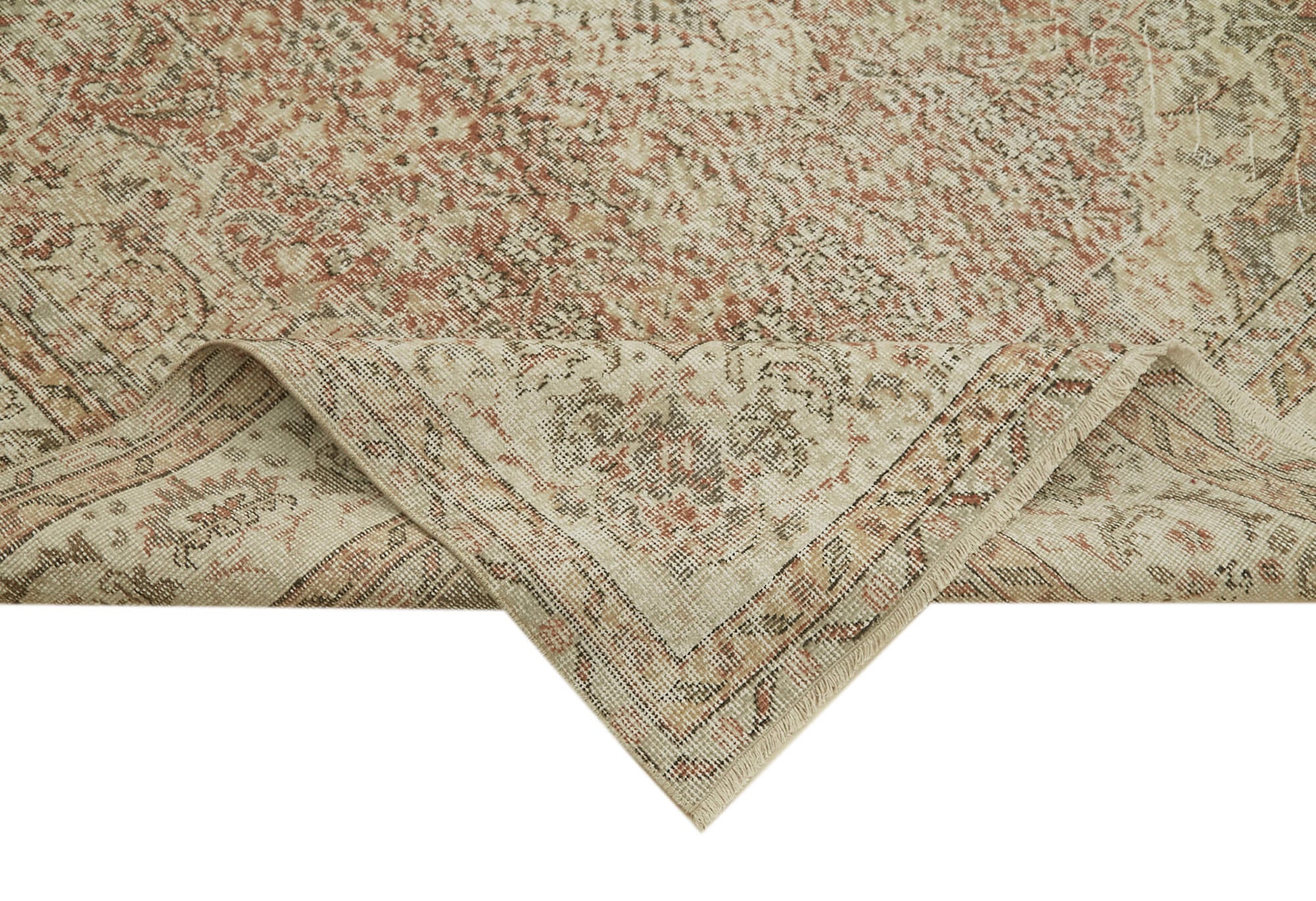 Vintage Bej Eskitme Yün Pamuk El Dokuma Halısı 207x317 Agacan