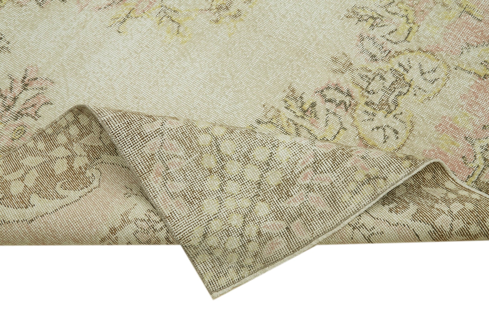 Vintage Bej Eskitme Yün Pamuk El Dokuma Halısı 201x331 Agacan