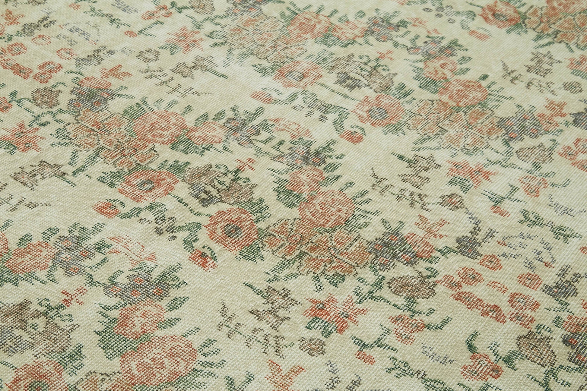 Vintage Bej Eskitme Yün Pamuk El Dokuma Halısı 197x290 Agacan