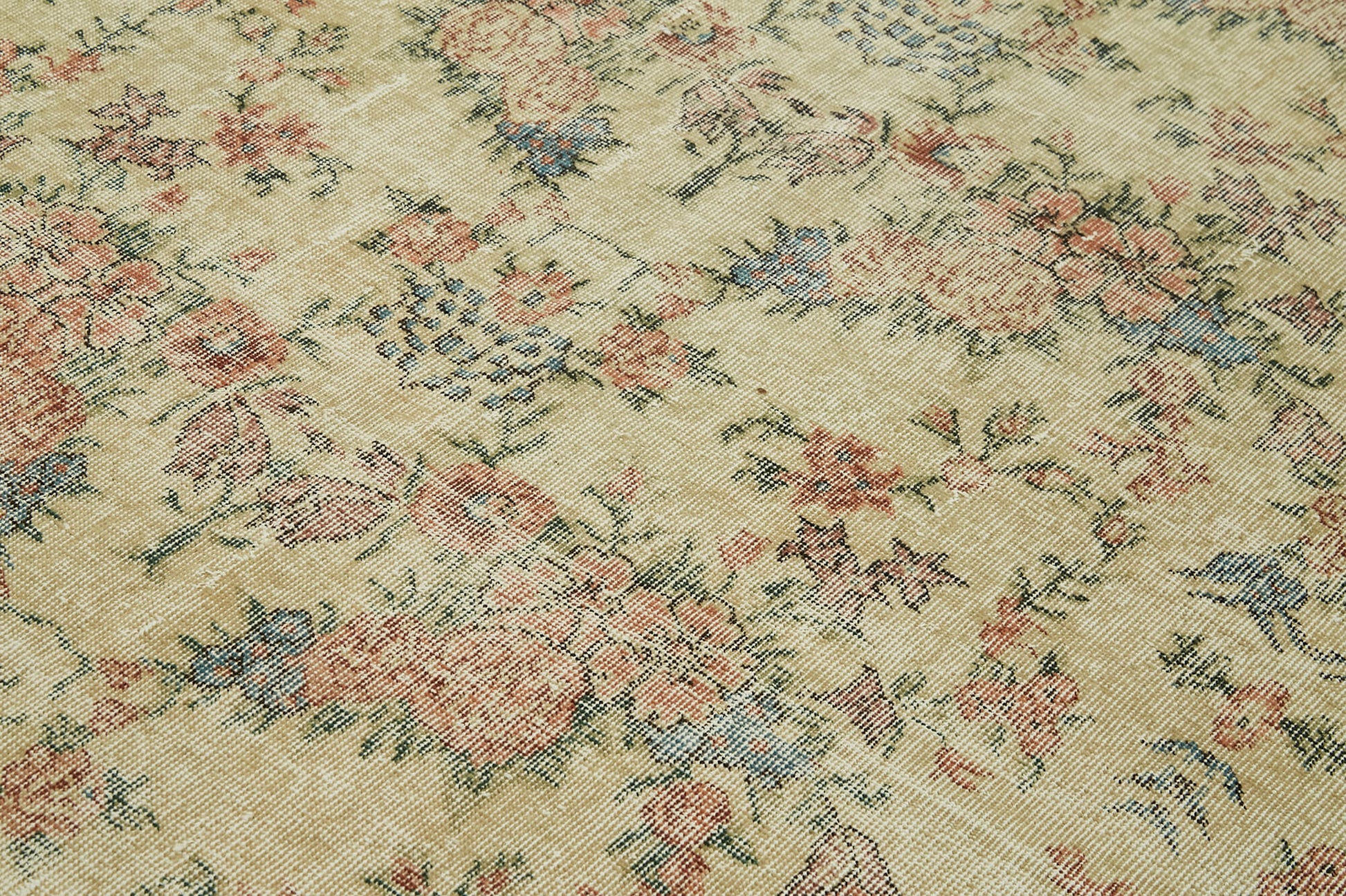 Vintage Bej Eskitme Yün Pamuk El Dokuma Halısı 194x295 Agacan