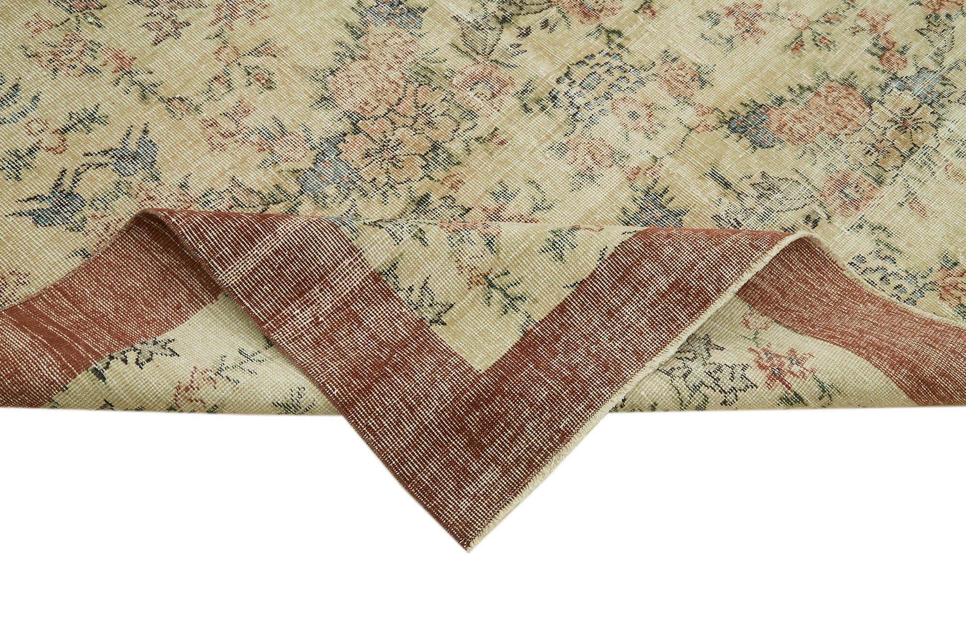 Vintage Bej Eskitme Yün Pamuk El Dokuma Halısı 194x295 Agacan