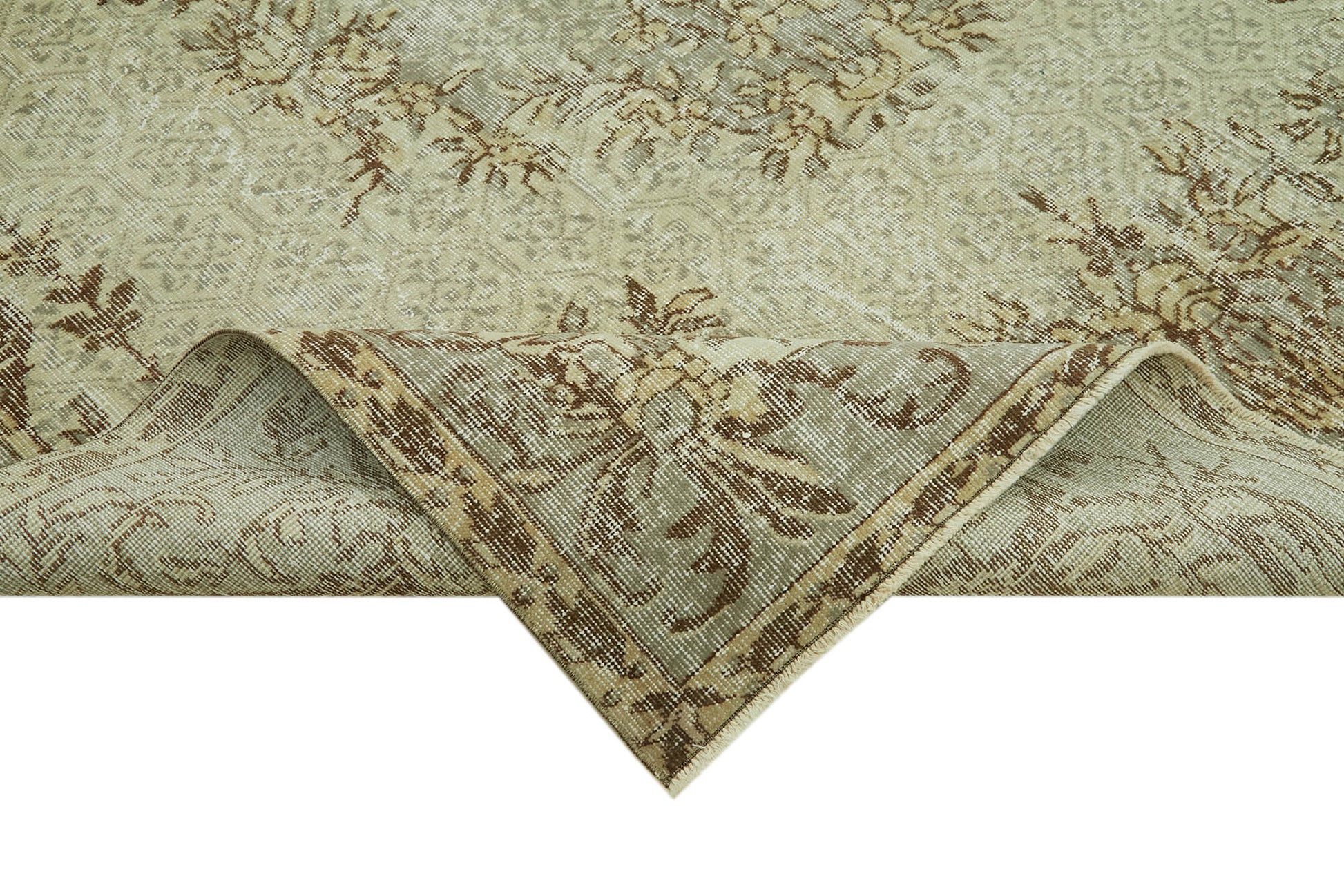 Vintage Bej Eskitme Yün Pamuk El Dokuma Halısı 204x309 Agacan