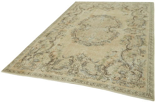 Vintage Bej Eskitme Yün Pamuk El Dokuma Halısı 207x308 Agacan