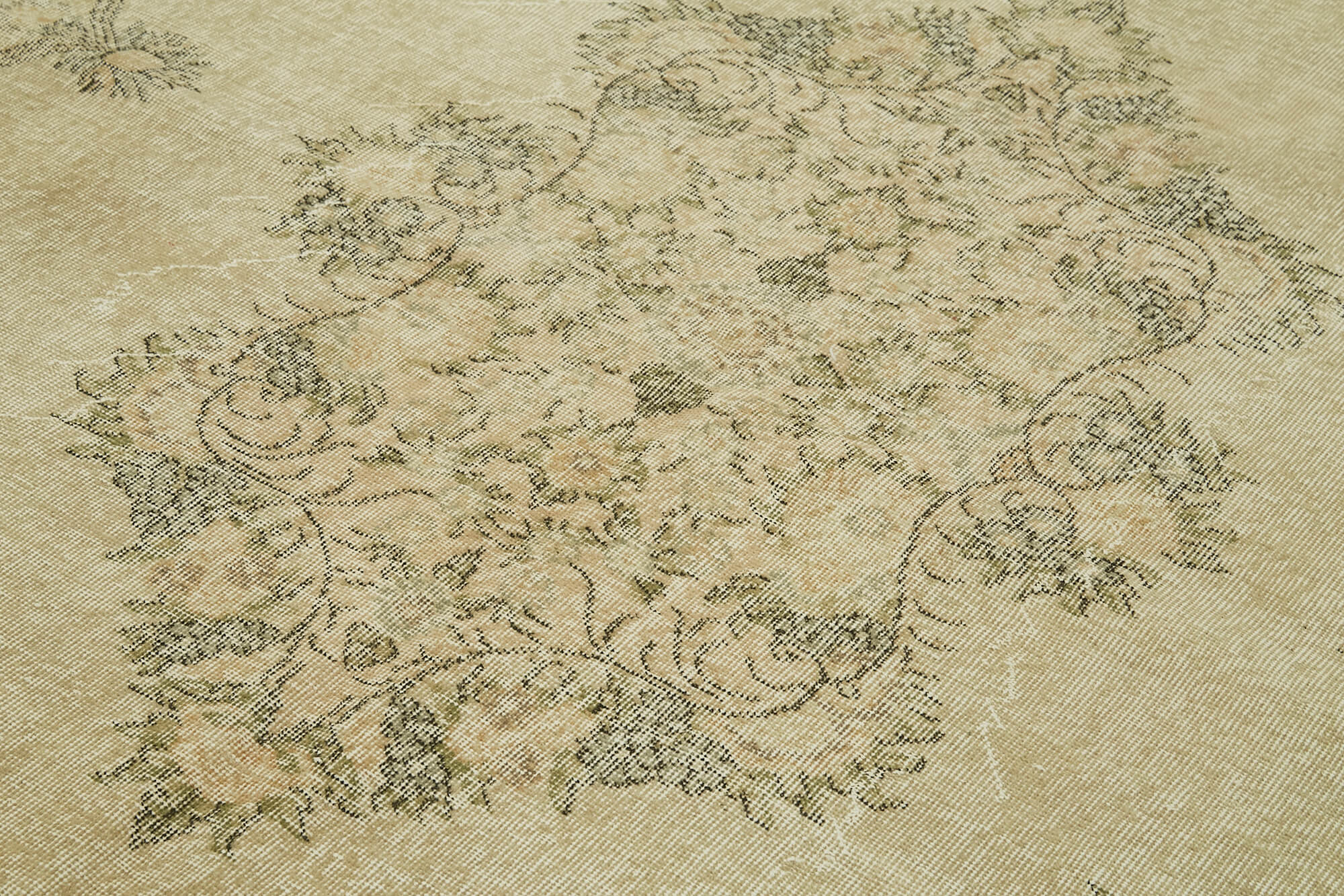 Vintage Bej Eskitme Yün Pamuk El Dokuma Halısı 208x312 Agacan