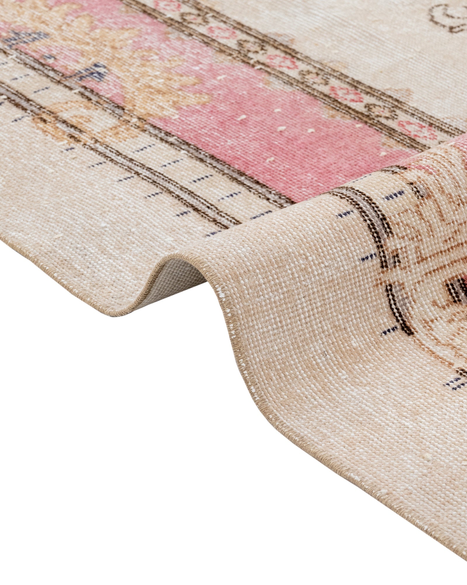 Vintage Bej Göbekli Yün ve Pamuk El Dokuma Halı 210x315 Şark Halı