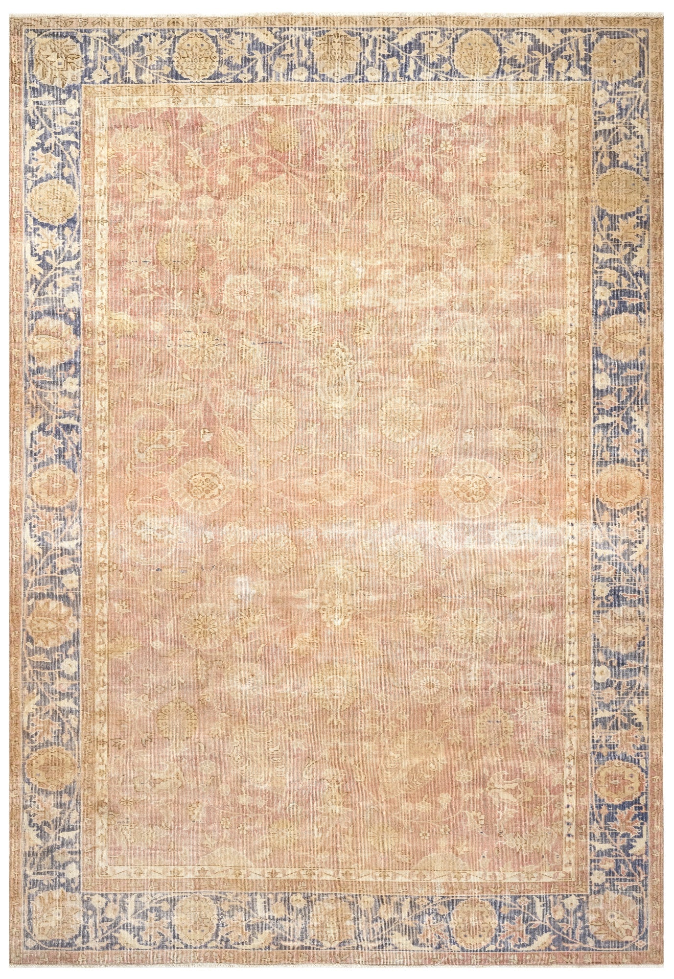 Vintage Lacivert Çerçeveli Yün ve Pamuk El Dokuma Halı 197x327 Şark Halı