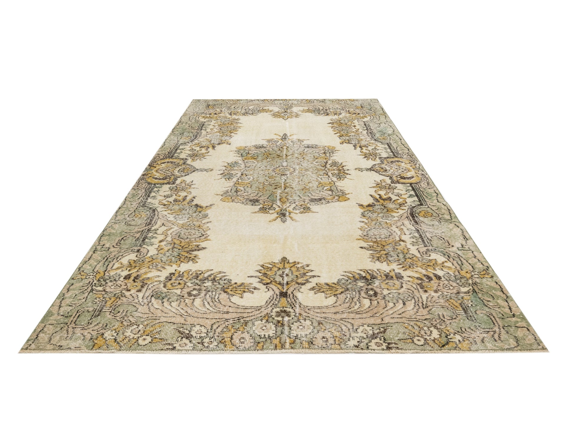 Vintage Yeşil Göbekli Yün ve Pamuk El Dokuma Halı 154x263 Şark Halı