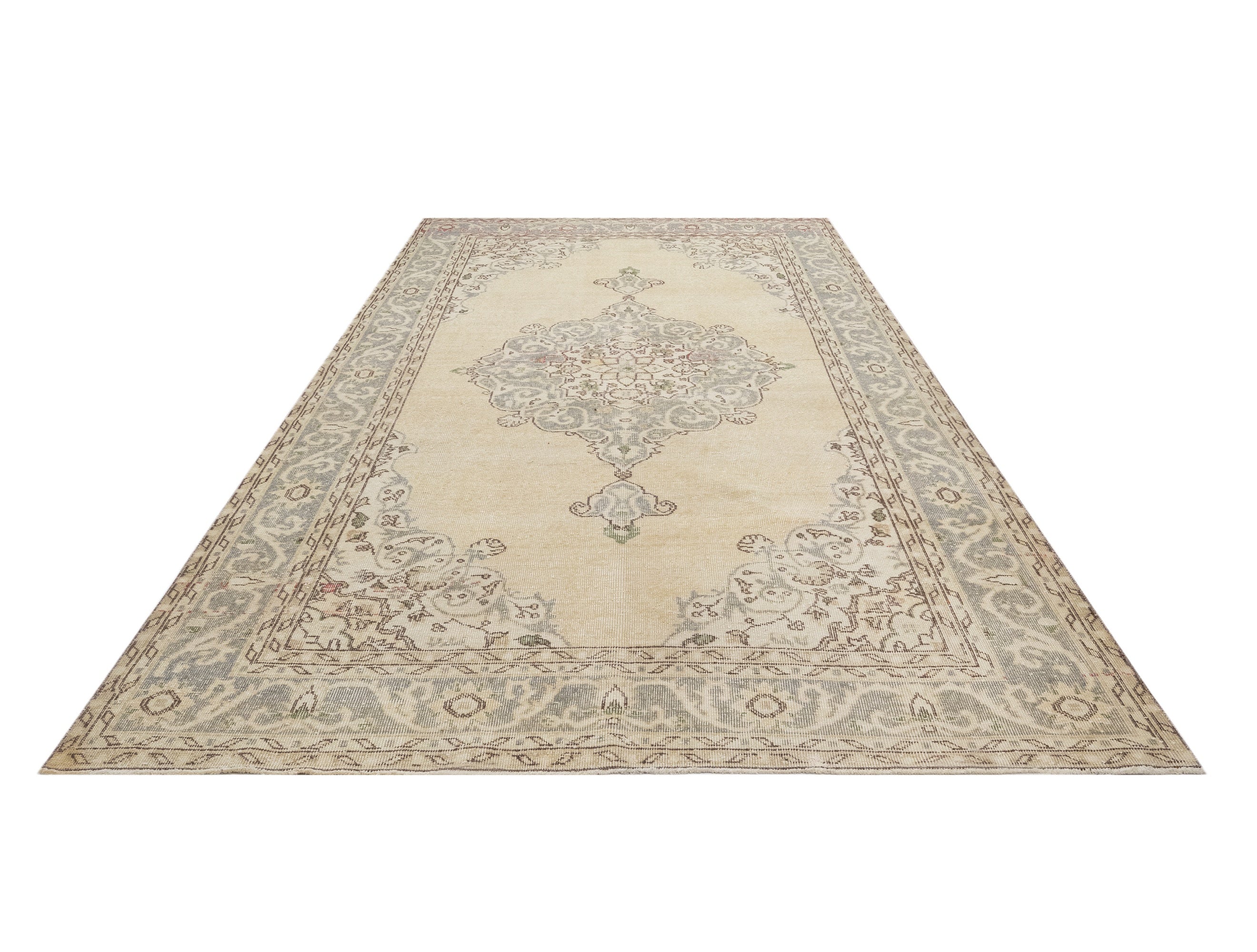 Vintage Gri Göbekli Yün ve Pamuk El Dokuma Halı 148x268 Şark Halı