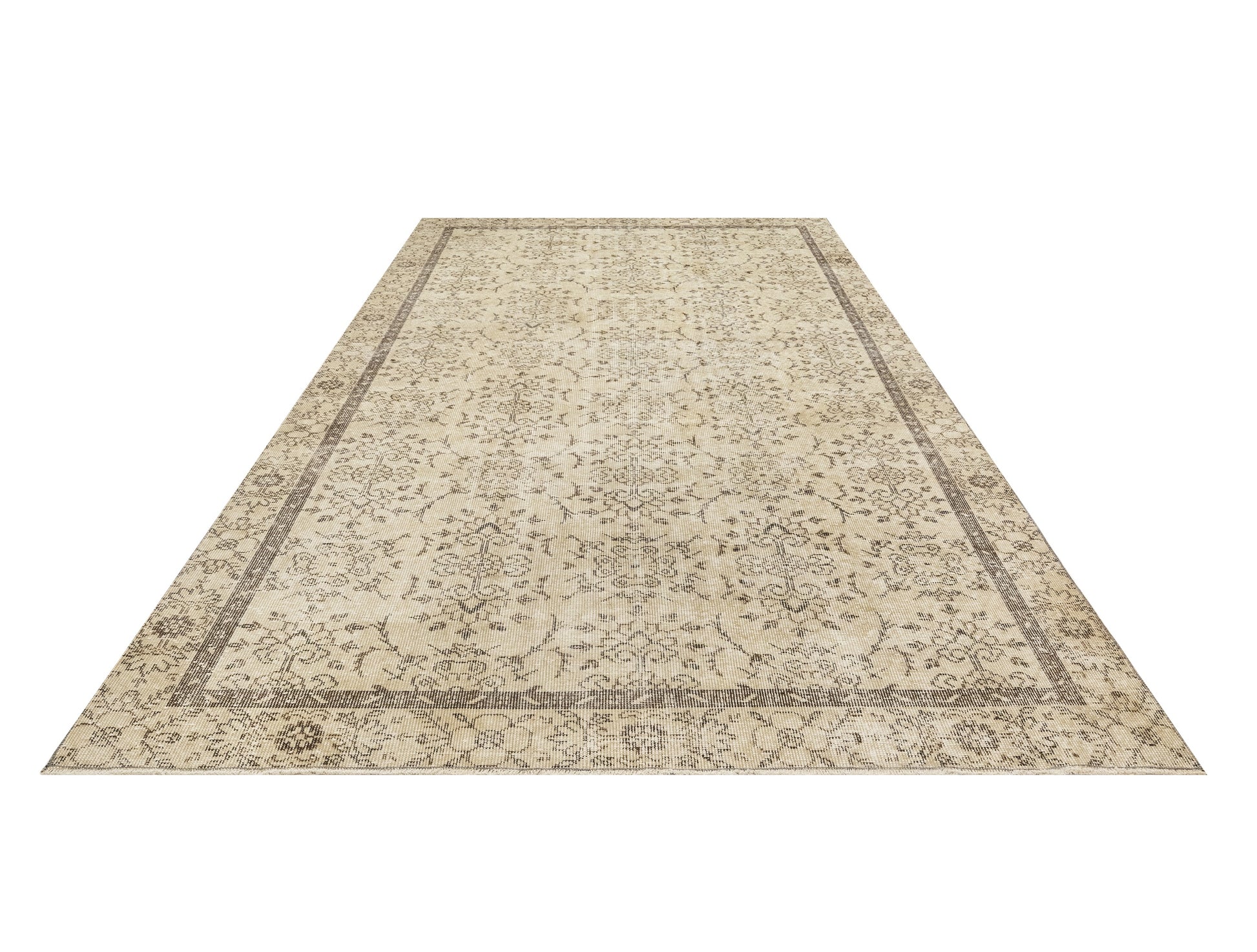 Vintage Kahverengi Çerçeveli Yün ve Pamuk El Dokuma Halı 174x244 Şark Halı