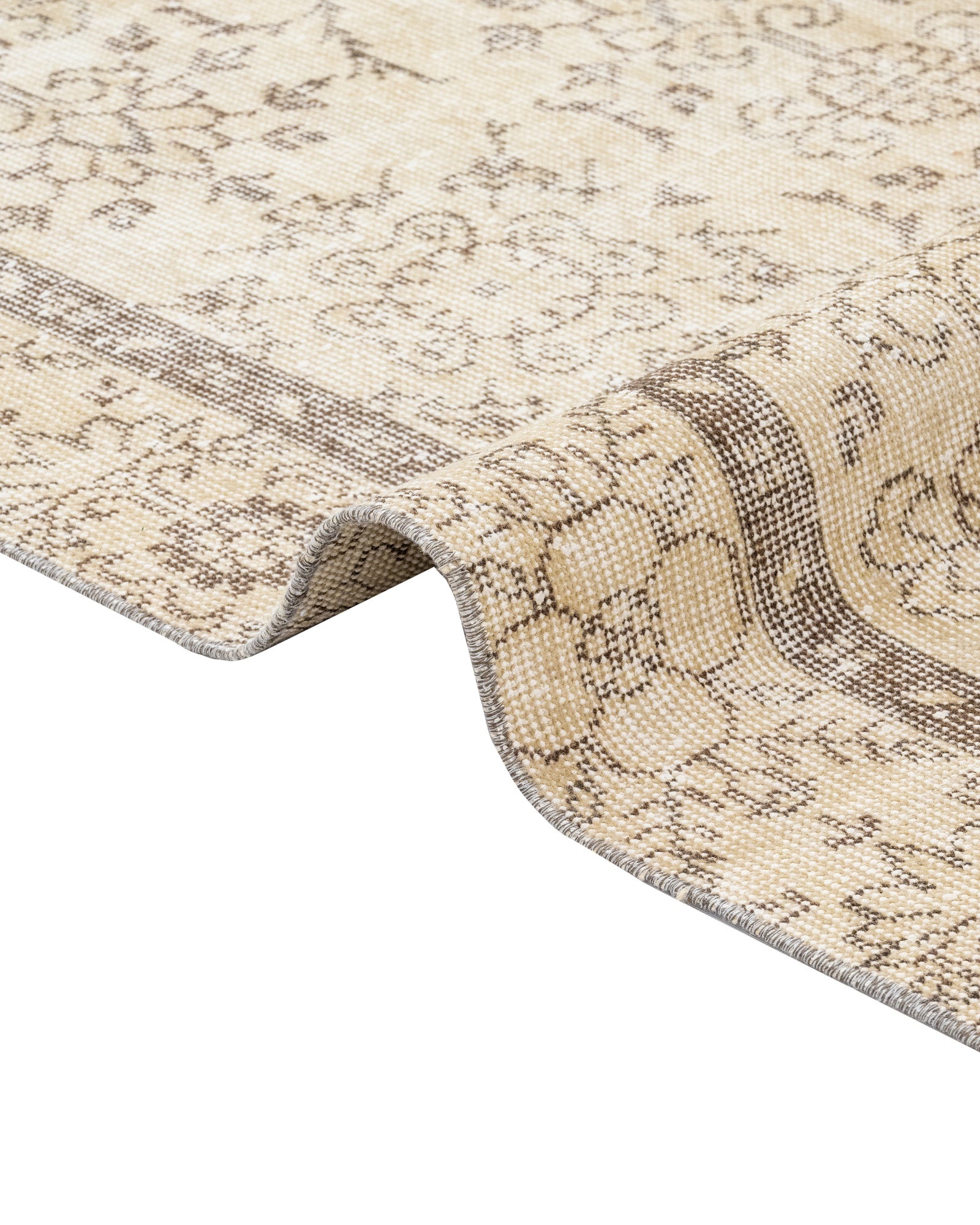 Vintage Kahverengi Çerçeveli Yün ve Pamuk El Dokuma Halı 174x244 Şark Halı