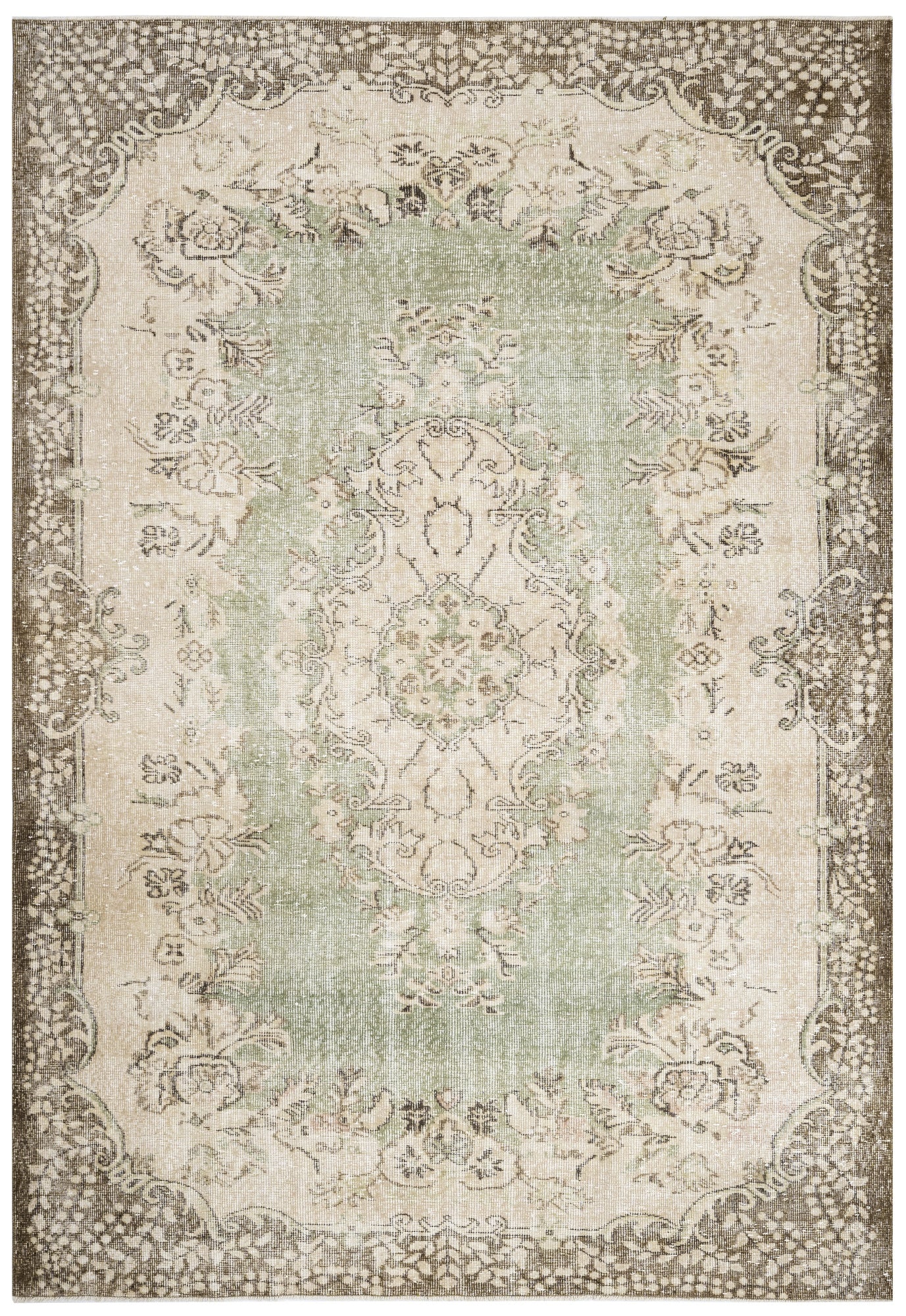 Vintage Yeşil Göbekli Yün ve Pamuk El Dokuma Halı 200x299 Şark Halı