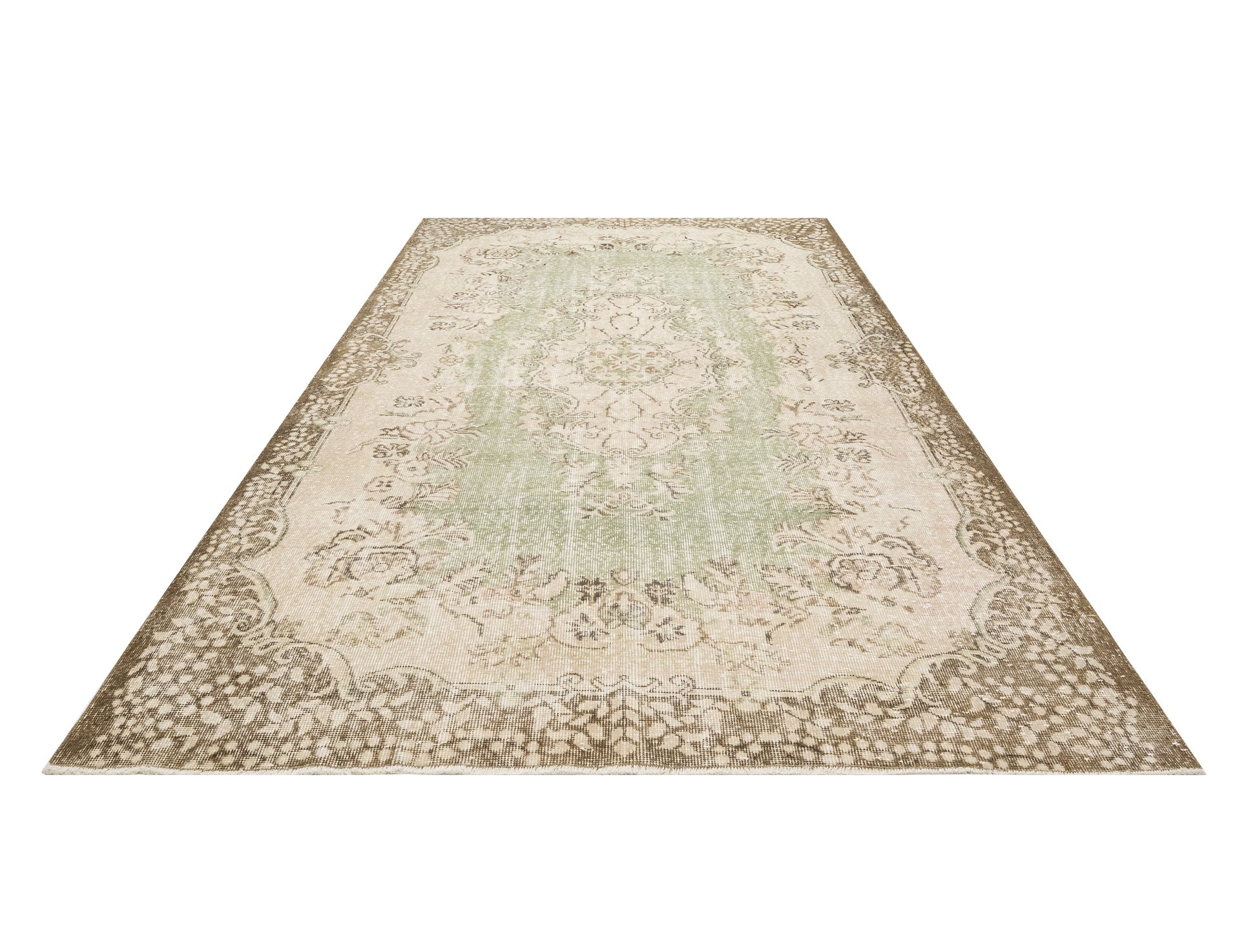 Vintage Yeşil Göbekli Yün ve Pamuk El Dokuma Halı 200x299 Şark Halı