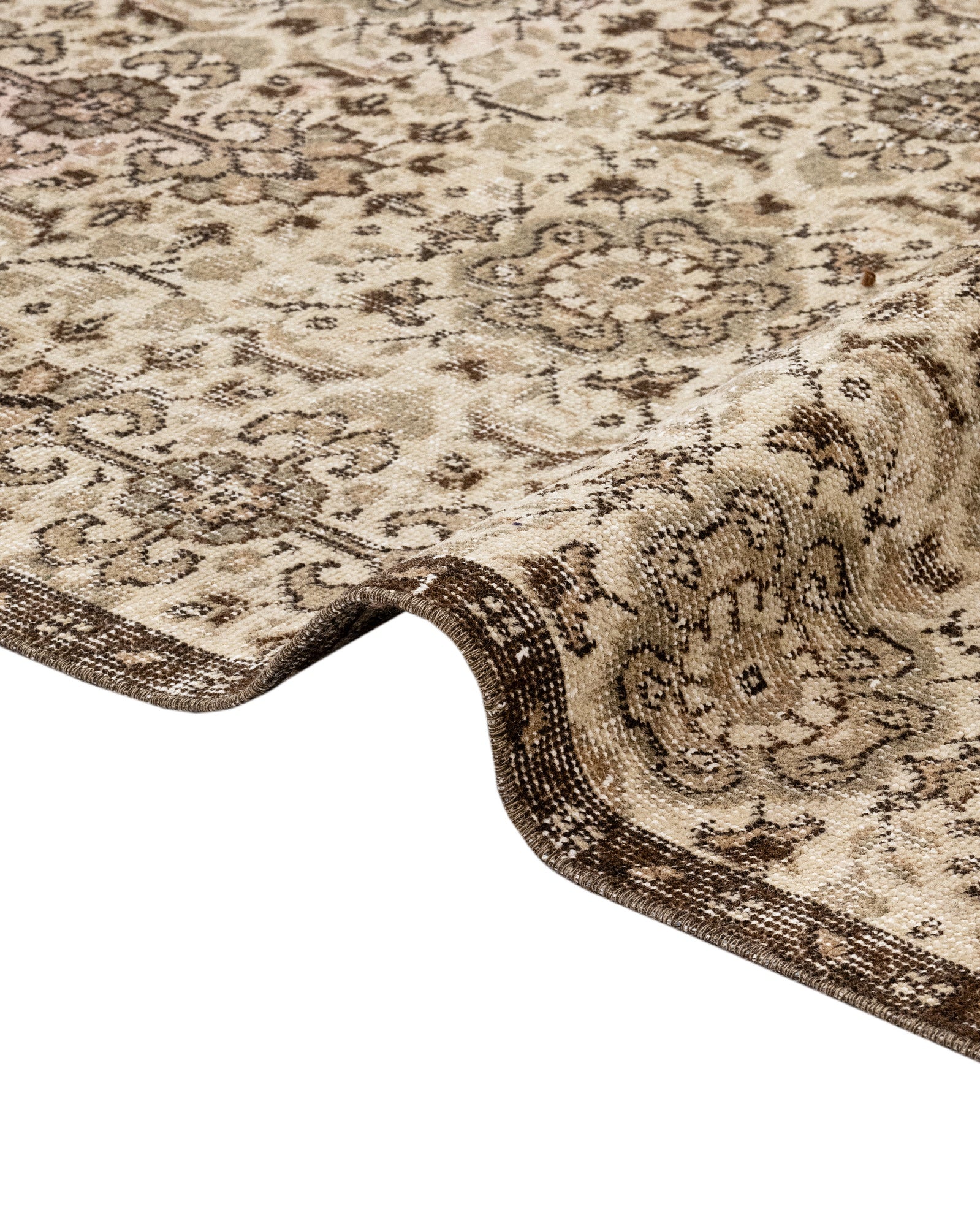 Vintage Kahverengi Çerçeveli Yün ve Pamuk El Dokuma Halı 191x281 Şark Halı