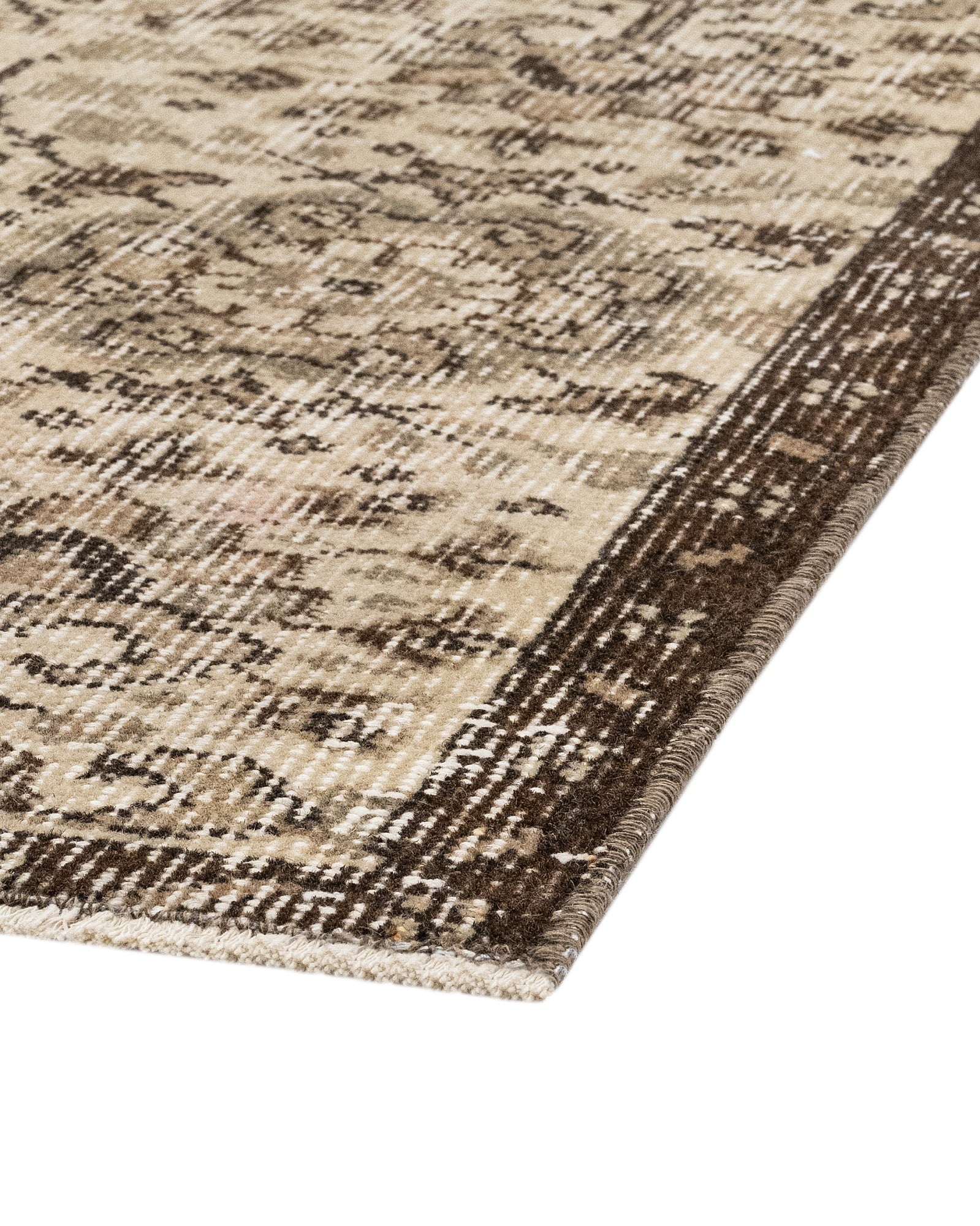 Vintage Kahverengi Çerçeveli Yün ve Pamuk El Dokuma Halı 191x281 Şark Halı