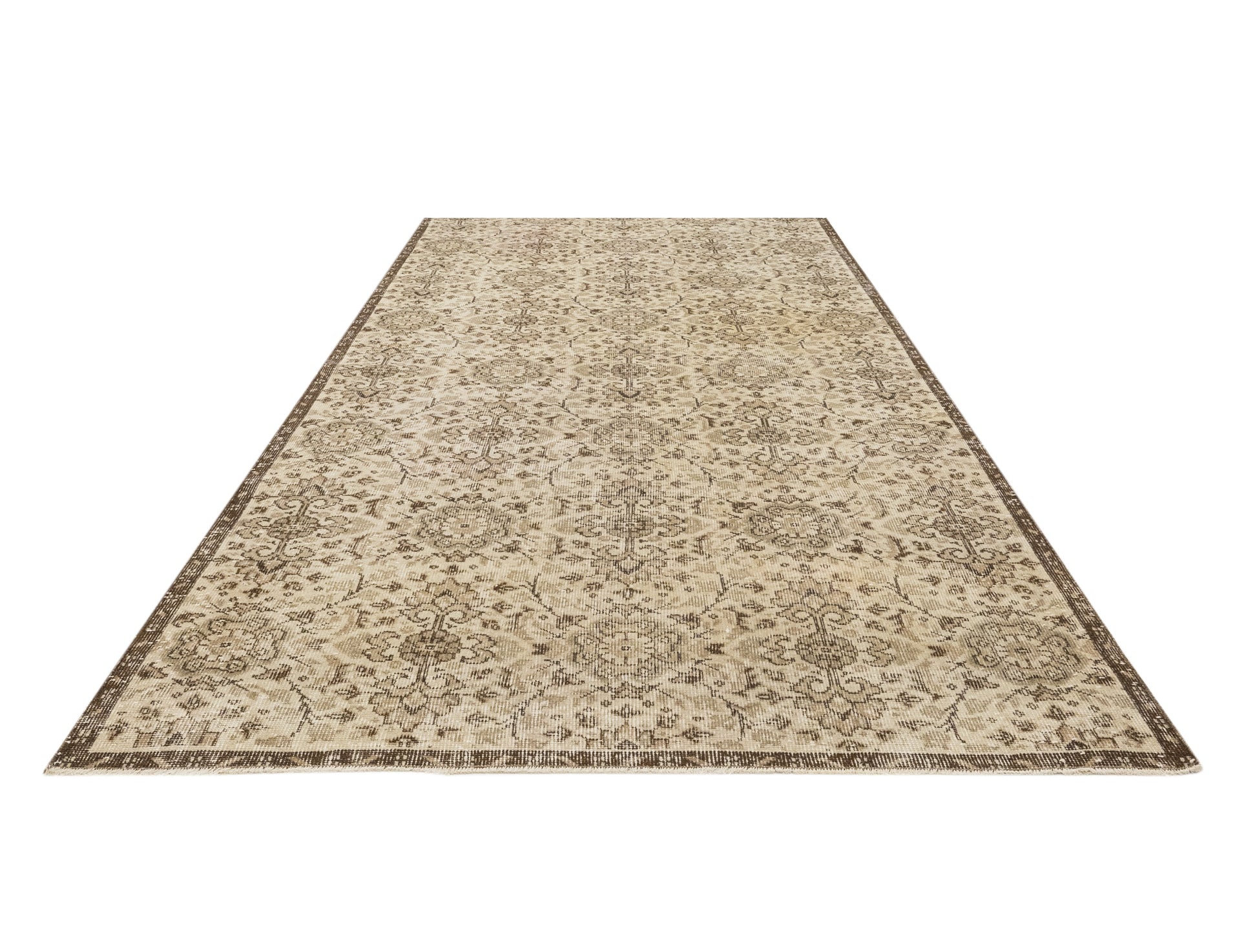 Vintage Kahverengi Çerçeveli Yün ve Pamuk El Dokuma Halı 191x281 Şark Halı