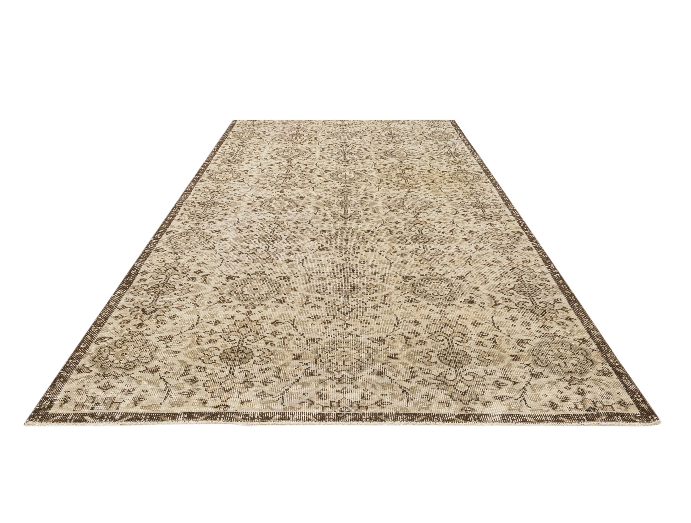 Vintage Kahverengi Çerçeveli Yün ve Pamuk El Dokuma Halı 191x281 Şark Halı