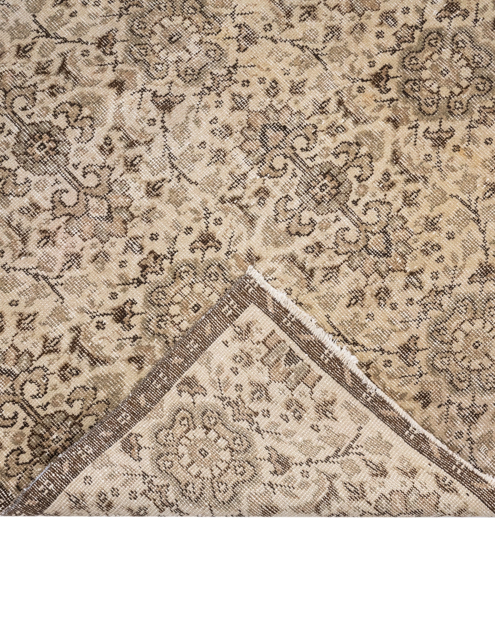 Vintage Kahverengi Çerçeveli Yün ve Pamuk El Dokuma Halı 191x281 Şark Halı