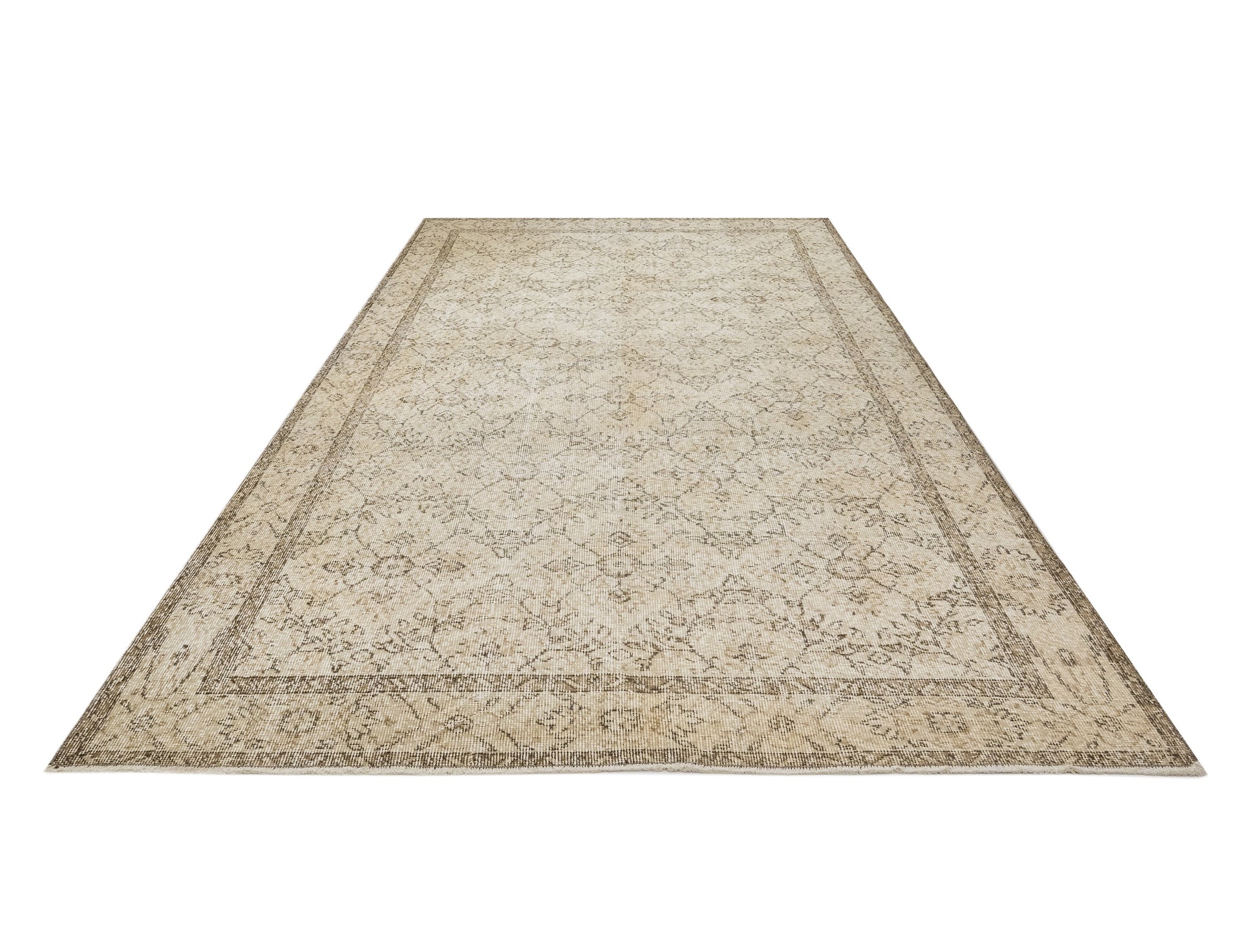 Vintage Kahverengi Çerçeveli Yün ve Pamuk El Dokuma Halı 214x310 Şark Halı