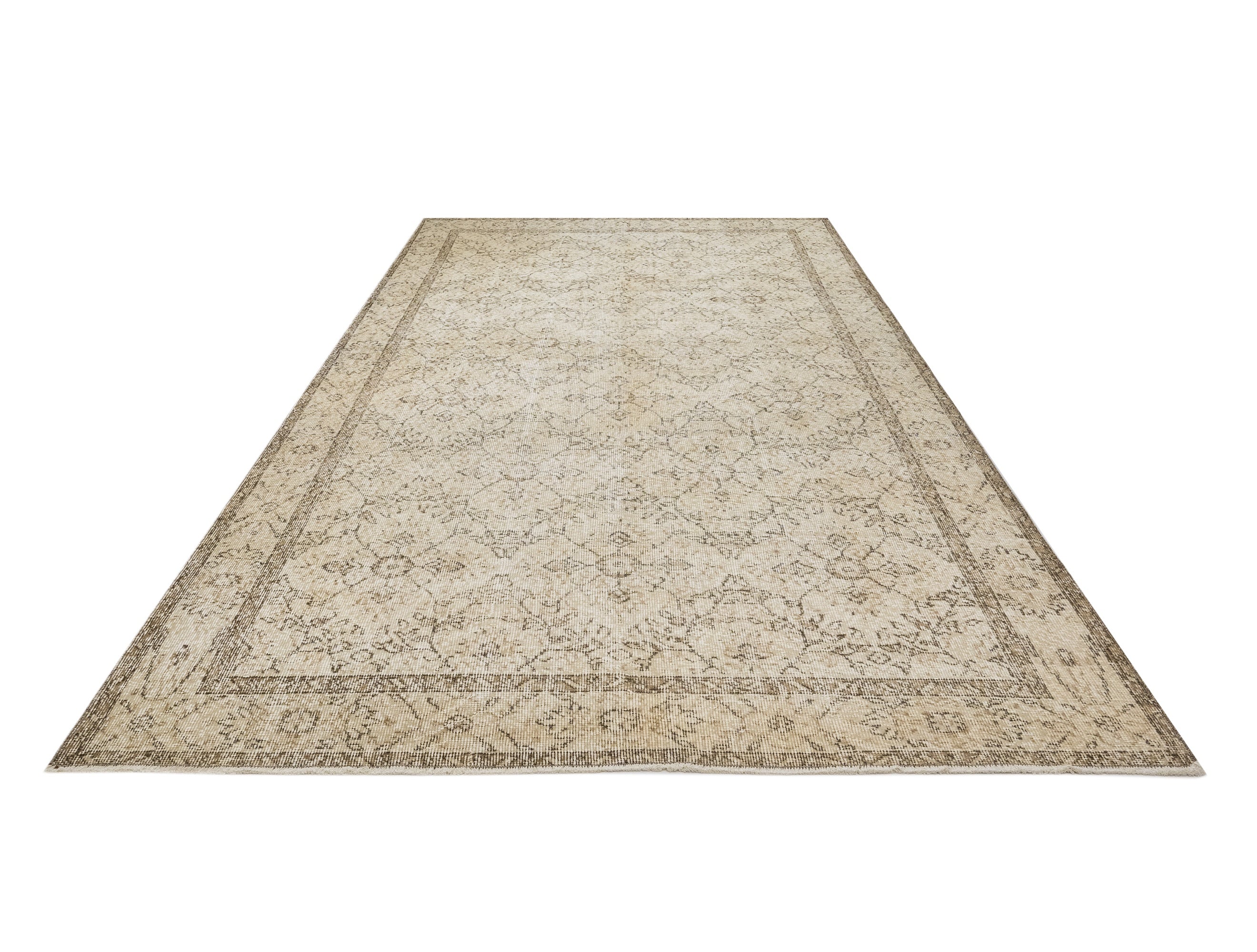 Vintage Kahverengi Çerçeveli Yün ve Pamuk El Dokuma Halı 214x310 Şark Halı