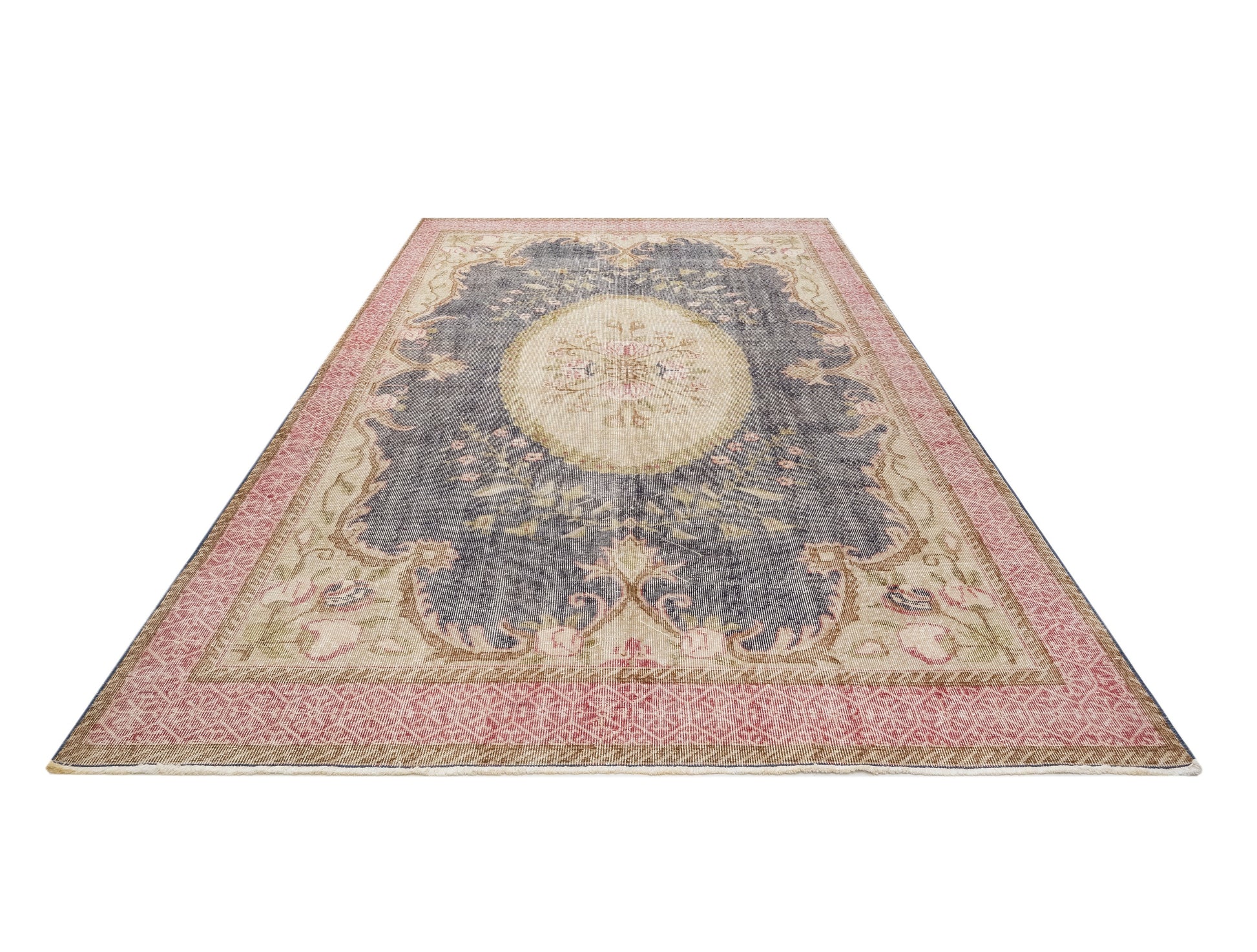 Vintage Lacivert Göbekli Yün ve Pamuk El Dokuma Halı 206x291 Şark Halı