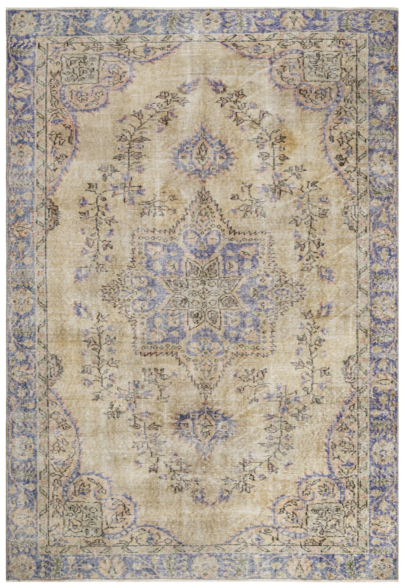 Vintage Lacivert Göbekli Yün ve Pamuk El Dokuma Halı 191x230 Şark Halı