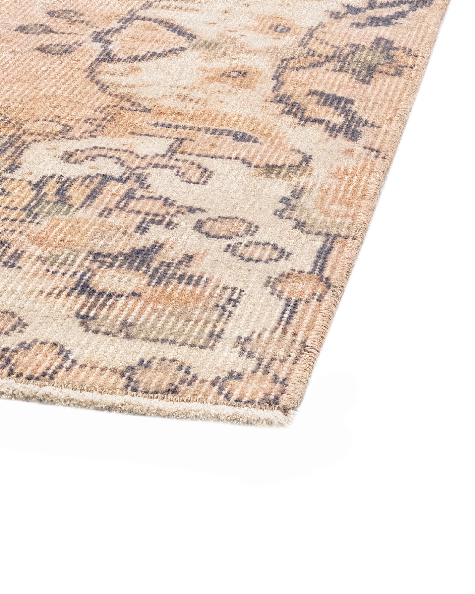 Vintage Bej Göbekli Yün ve Pamuk El Dokuma Halı 145x367 Şark Halı