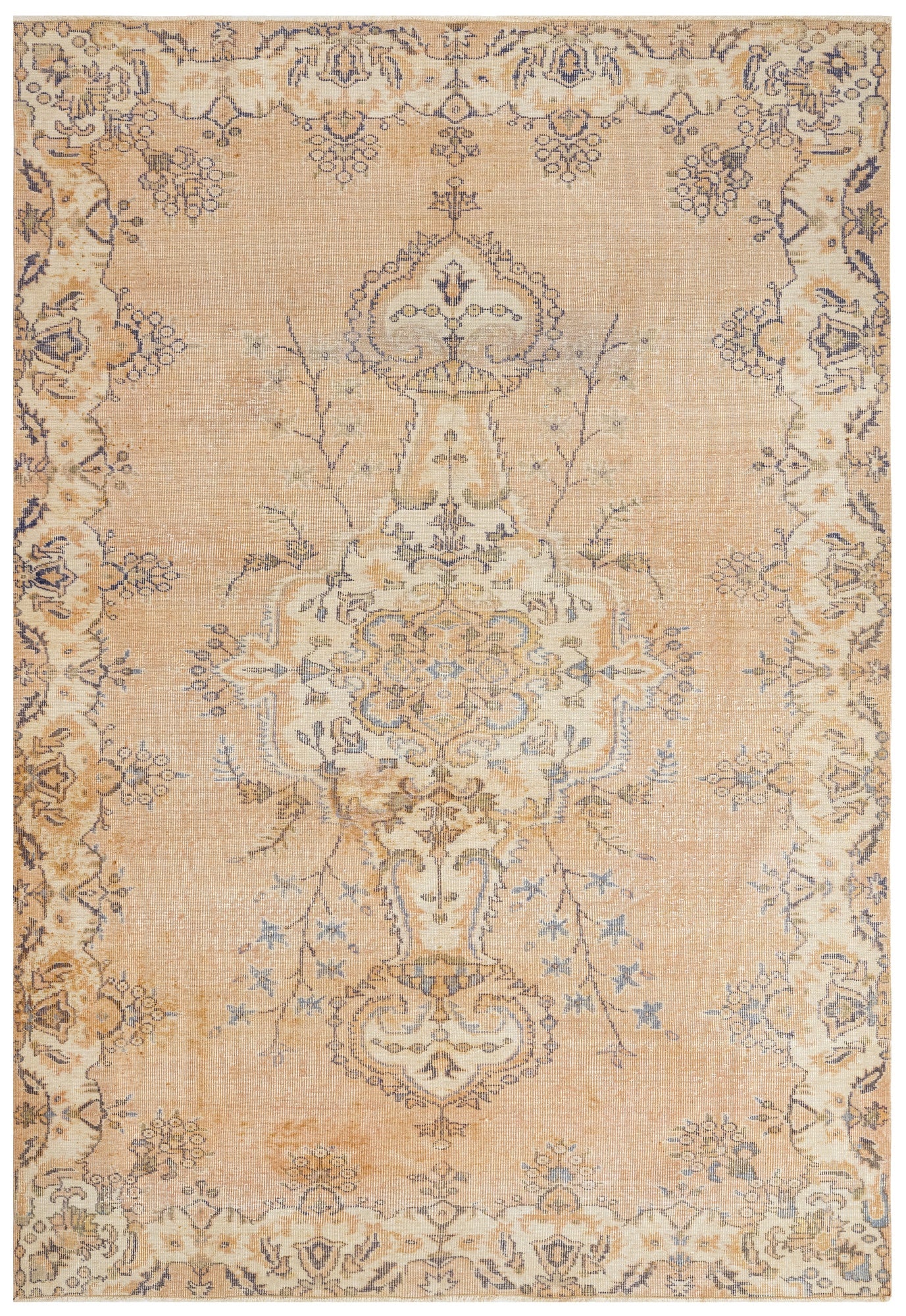 Vintage Bej Göbekli Yün ve Pamuk El Dokuma Halı 145x367 Şark Halı