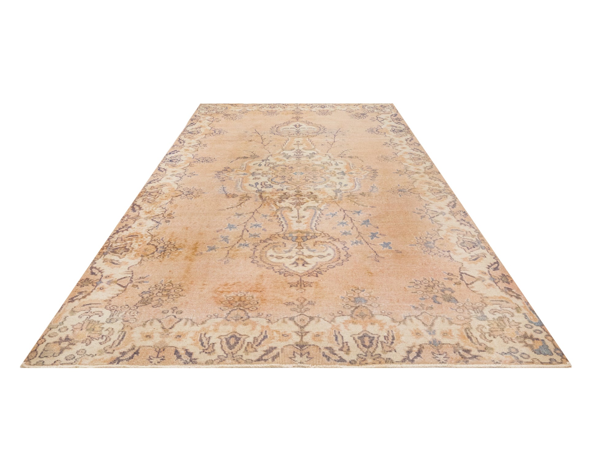 Vintage Bej Göbekli Yün ve Pamuk El Dokuma Halı 145x367 Şark Halı