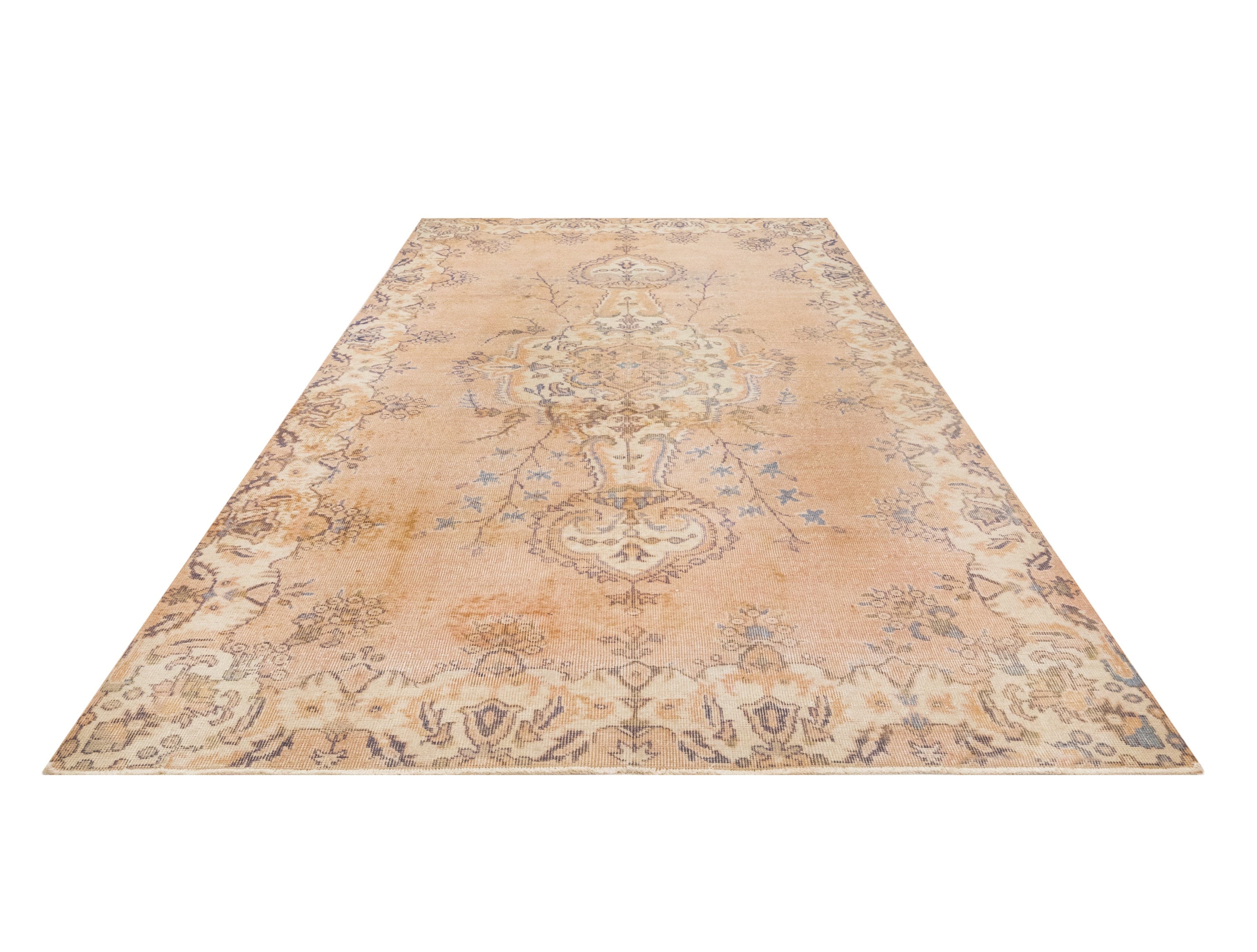 Vintage Bej Göbekli Yün ve Pamuk El Dokuma Halı 145x367 Şark Halı