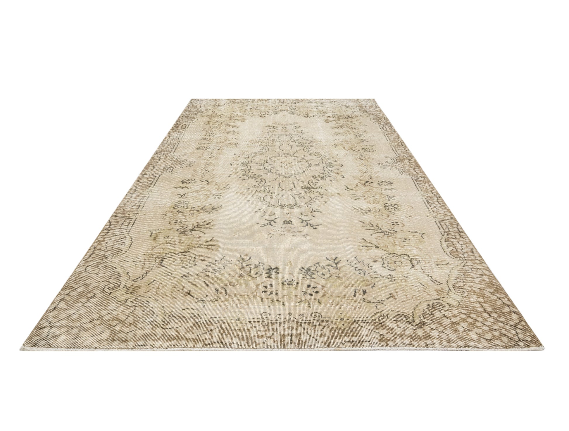 Vintage Bej Göbekli Yün ve Pamuk El Dokuma Halı 180x257 Şark Halı