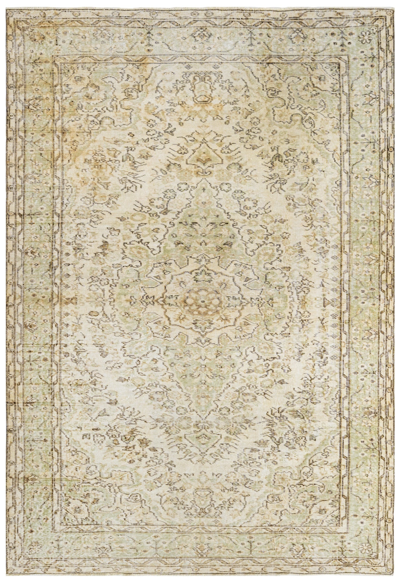 Vintage Bej Göbekli Yün ve Pamuk El Dokuma Halı 276x170 Şark Halı