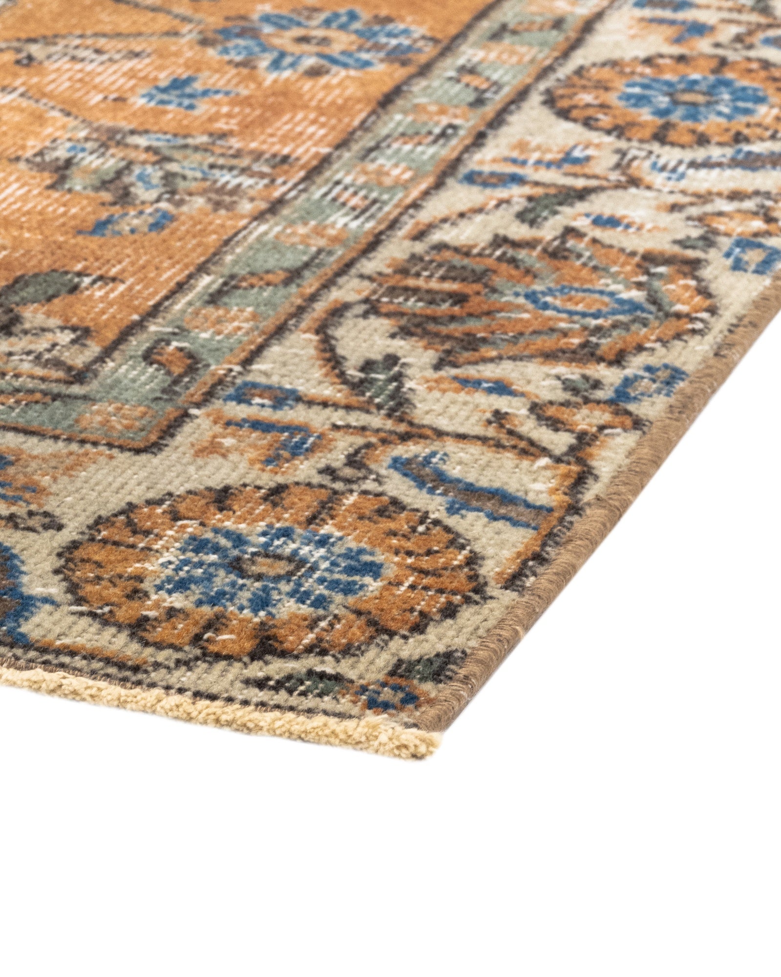 Vintage Turuncu Çerçeveli Yün ve Pamuk El Dokuma Halı 209x322 Şark Halı