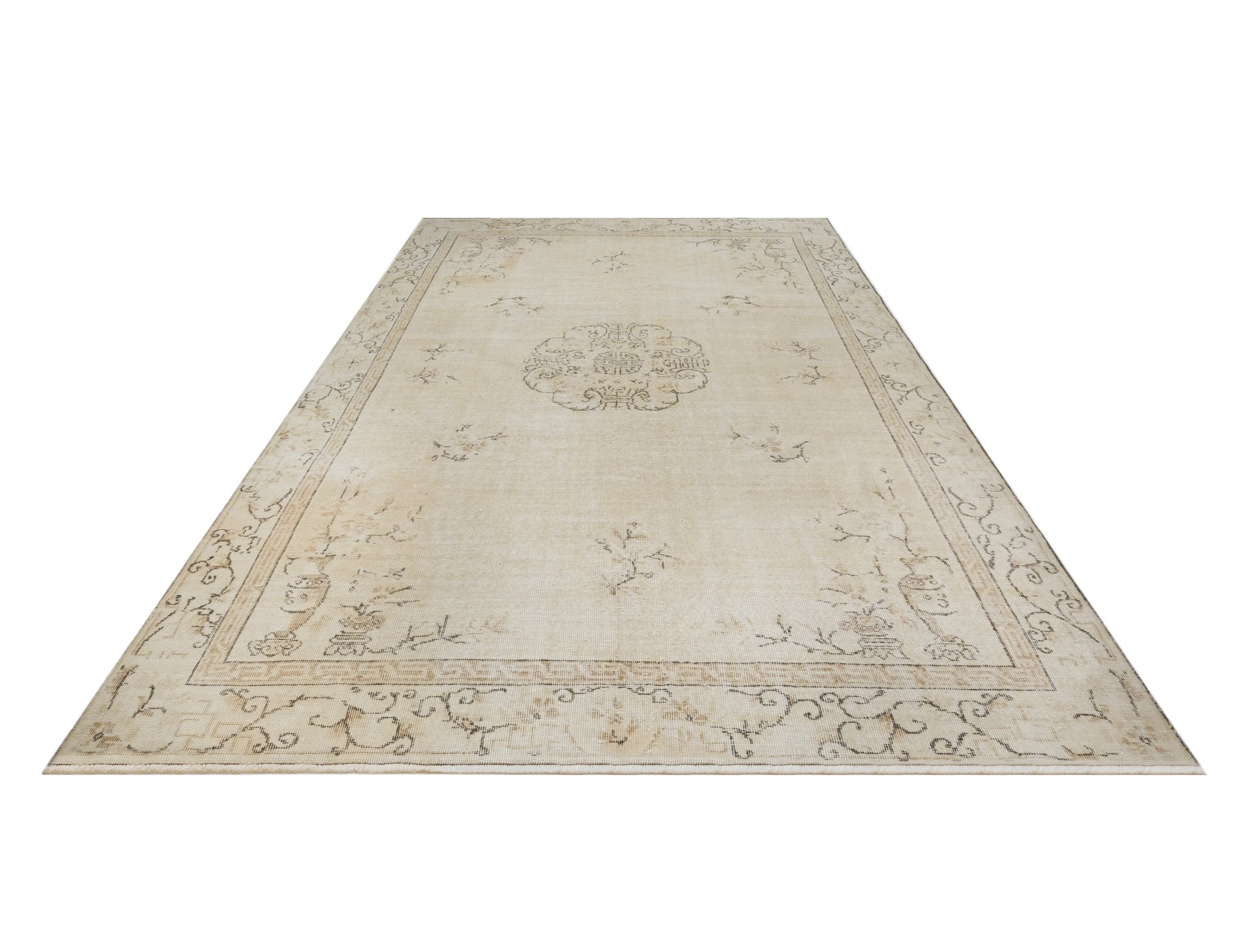 Vintage Bej Göbekli Yün ve Pamuk El Dokuma Halı 206x298 Şark Halı