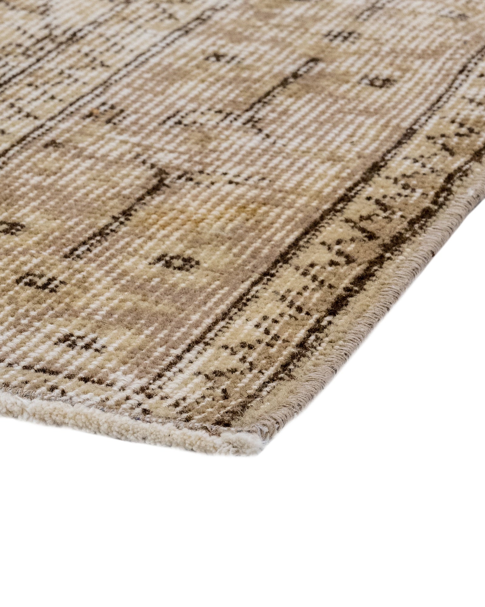 Vintage Kahverengi Çerçeveli Yün ve Pamuk El Dokuma Halı 197x217 Şark Halı