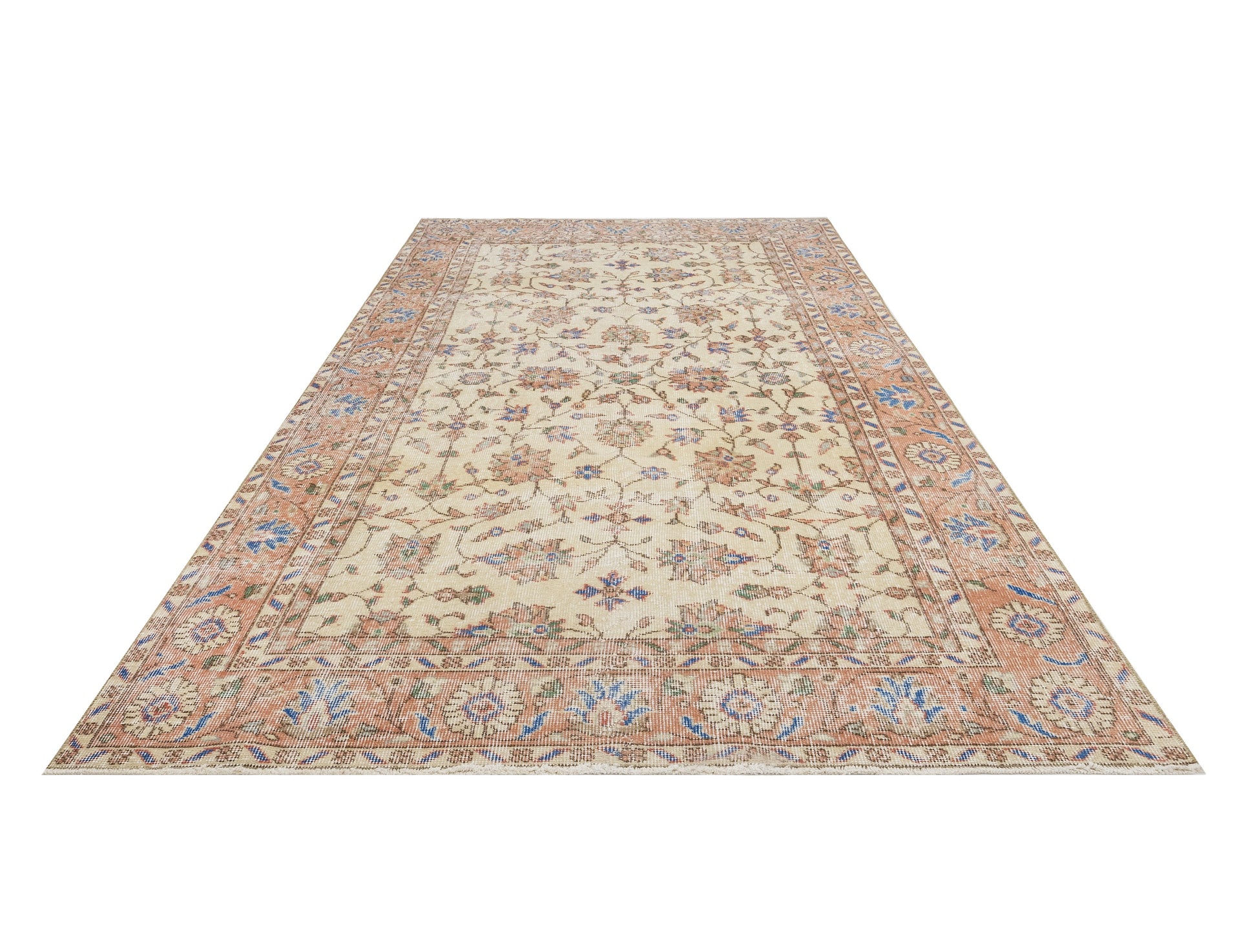 Vintage Kırmızı Çerçeveli Yün ve Pamuk El Dokuma Halı 139x256 Şark Halı