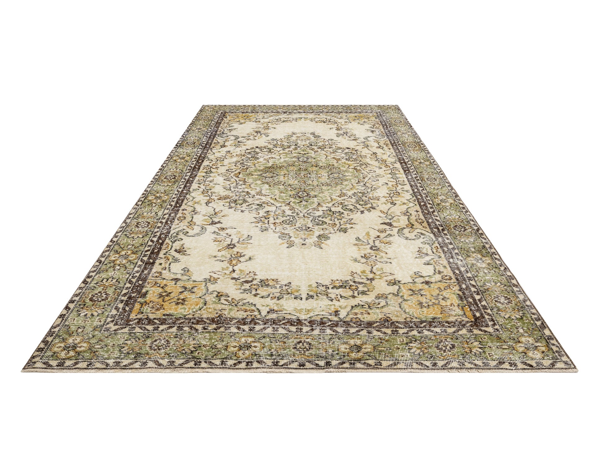 Vintage Yeşil Göbekli Yün ve Pamuk El Dokuma Halı 188x294 Şark Halı