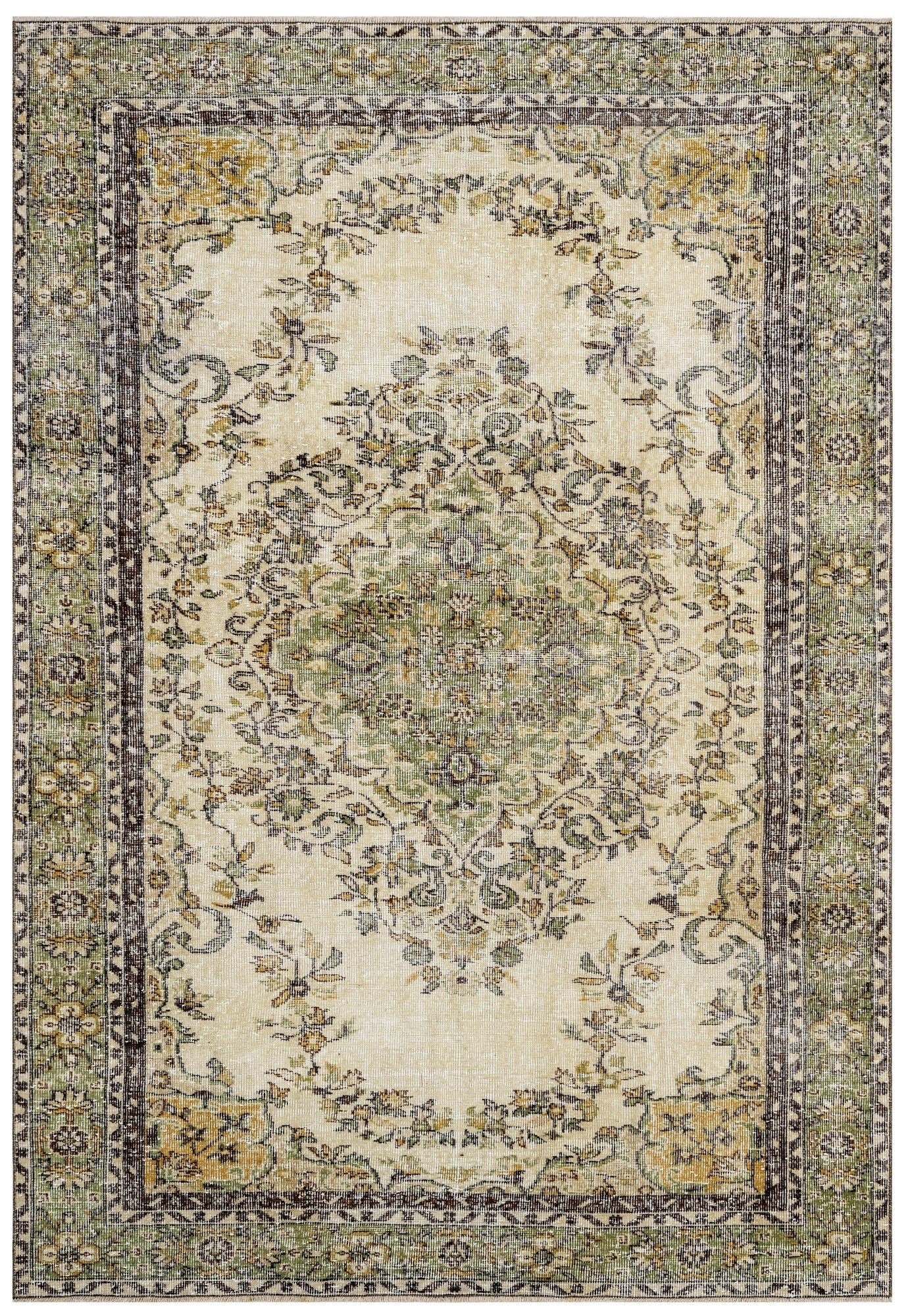 Vintage Yeşil Göbekli Yün ve Pamuk El Dokuma Halı 188x294 Şark Halı