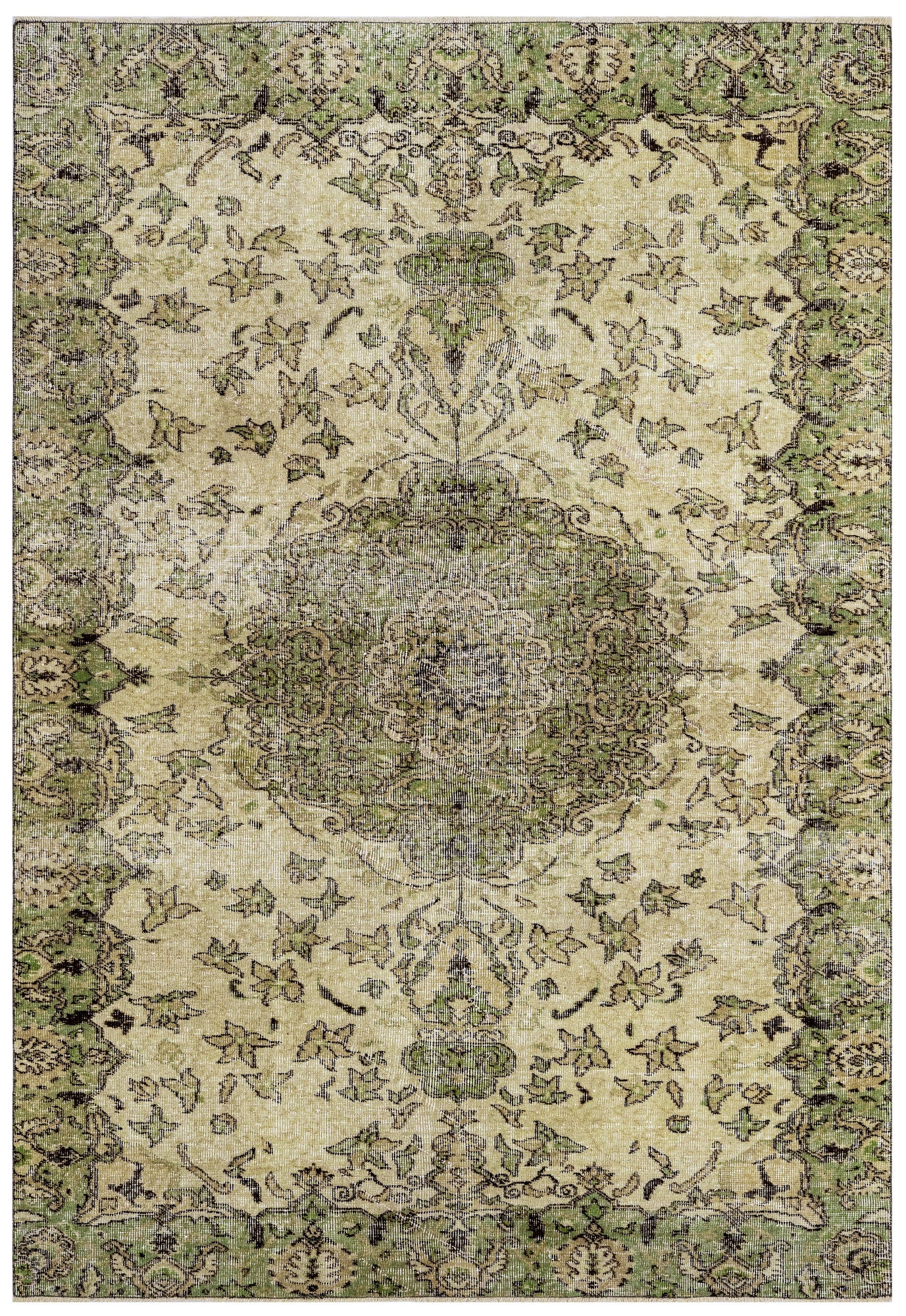 Vintage Yeşil Göbekli Yün ve Pamuk El Dokuma Halı 175x283 Şark Halı