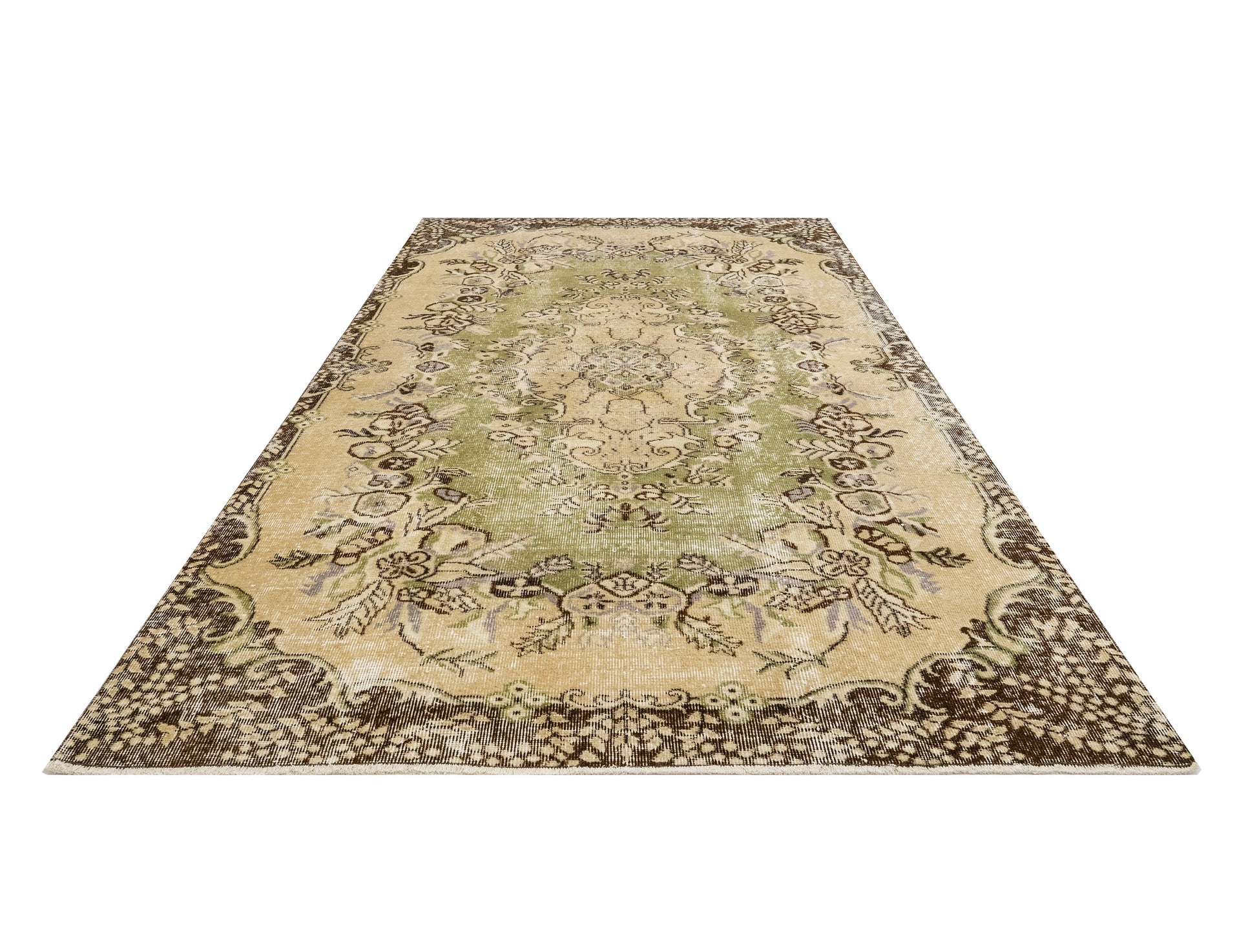 Vintage Yeşil Göbekli Yün ve Pamuk El Dokuma Halı 164x260 Şark Halı