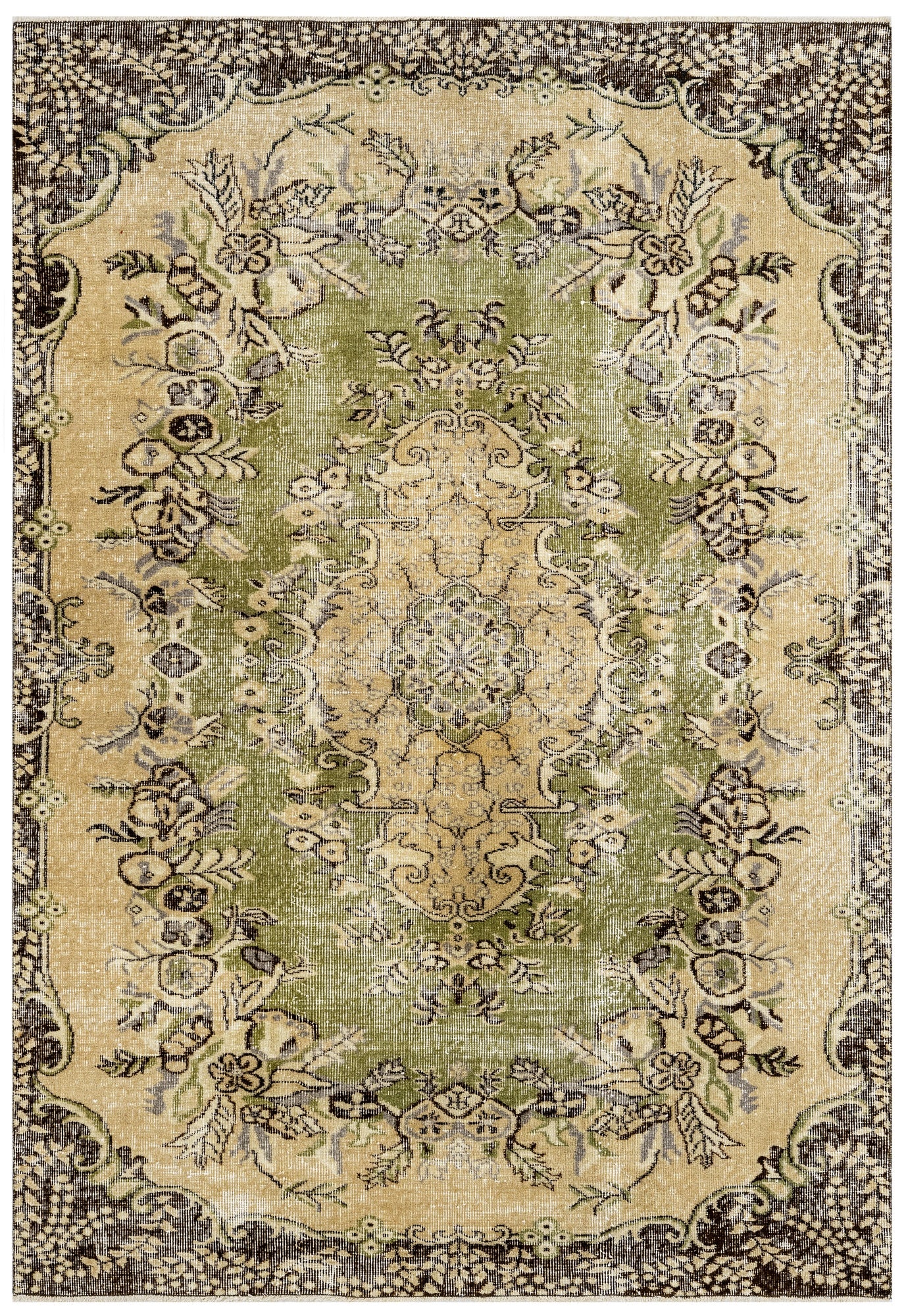 Vintage Yeşil Göbekli Yün ve Pamuk El Dokuma Halı 164x260 Şark Halı