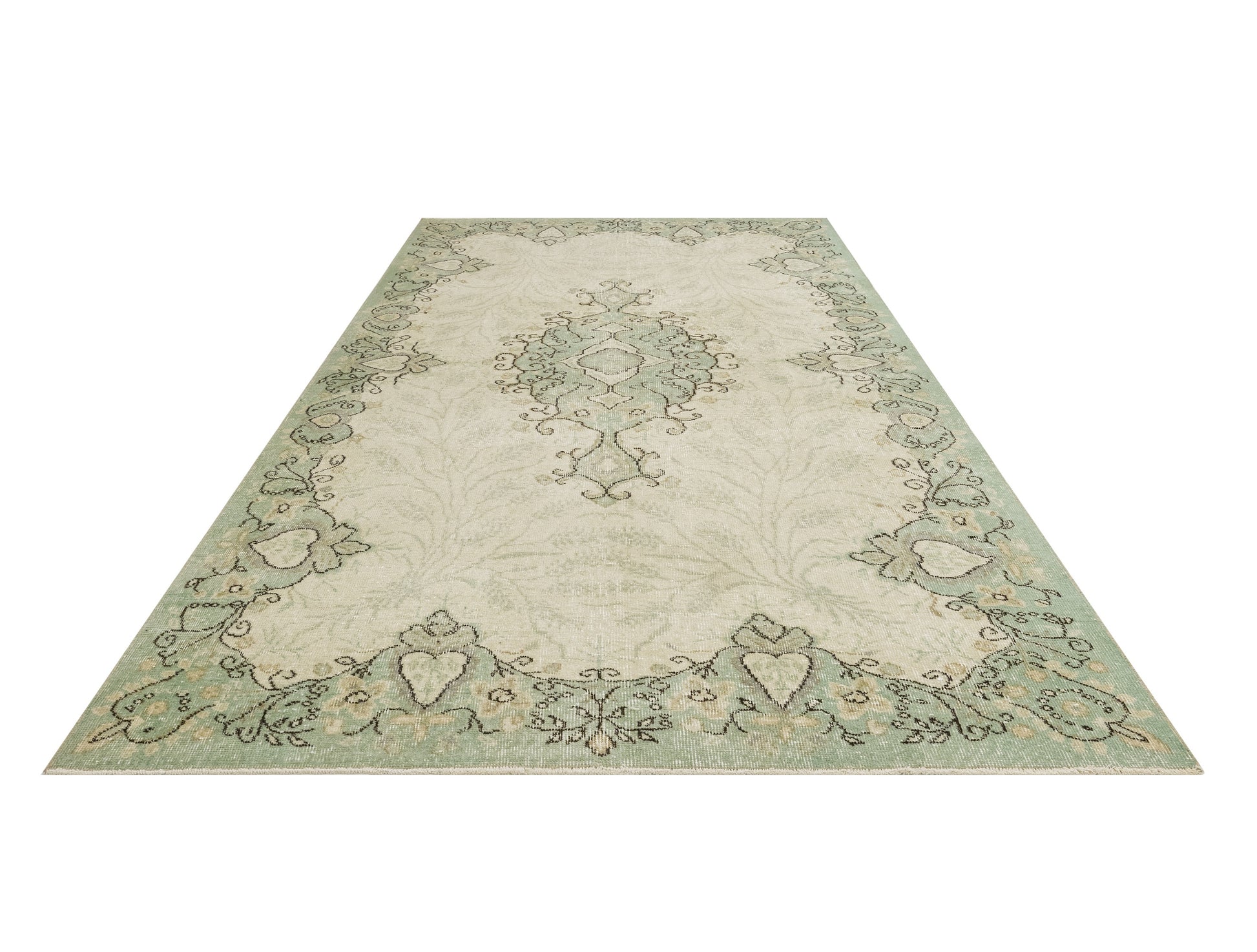 Vintage Yeşil Göbekli Yün ve Pamuk El Dokuma Halı 158x253 Şark Halı