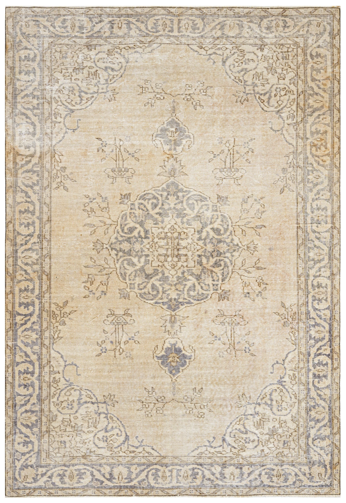 Vintage Bej Göbekli Yün ve Pamuk El Dokuma Halı 182x308 Şark Halı