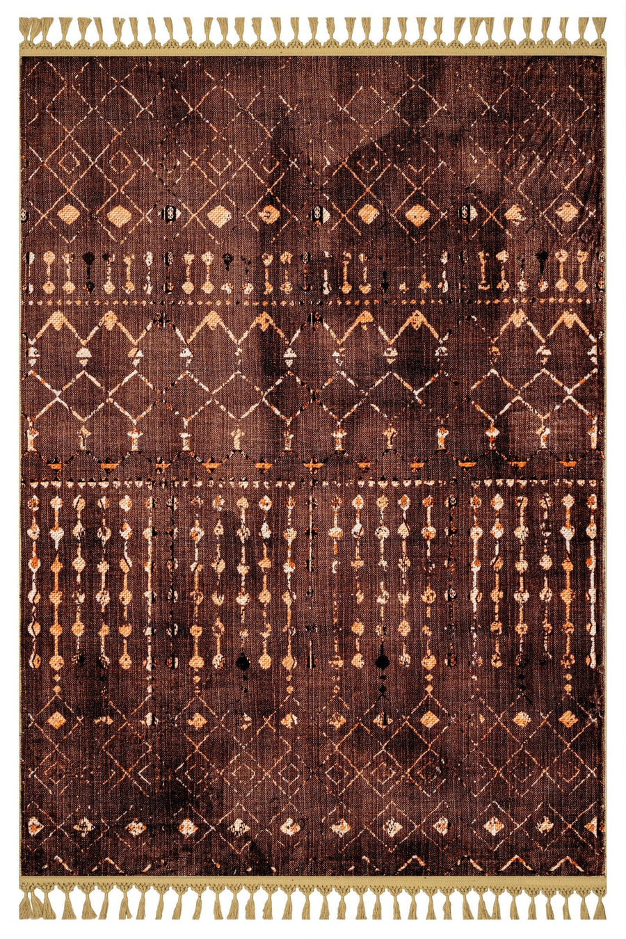 Krem Bohem Geometrik Triko Halı - Yıkanabilir - Kaymaz Taban - Pati Dostu