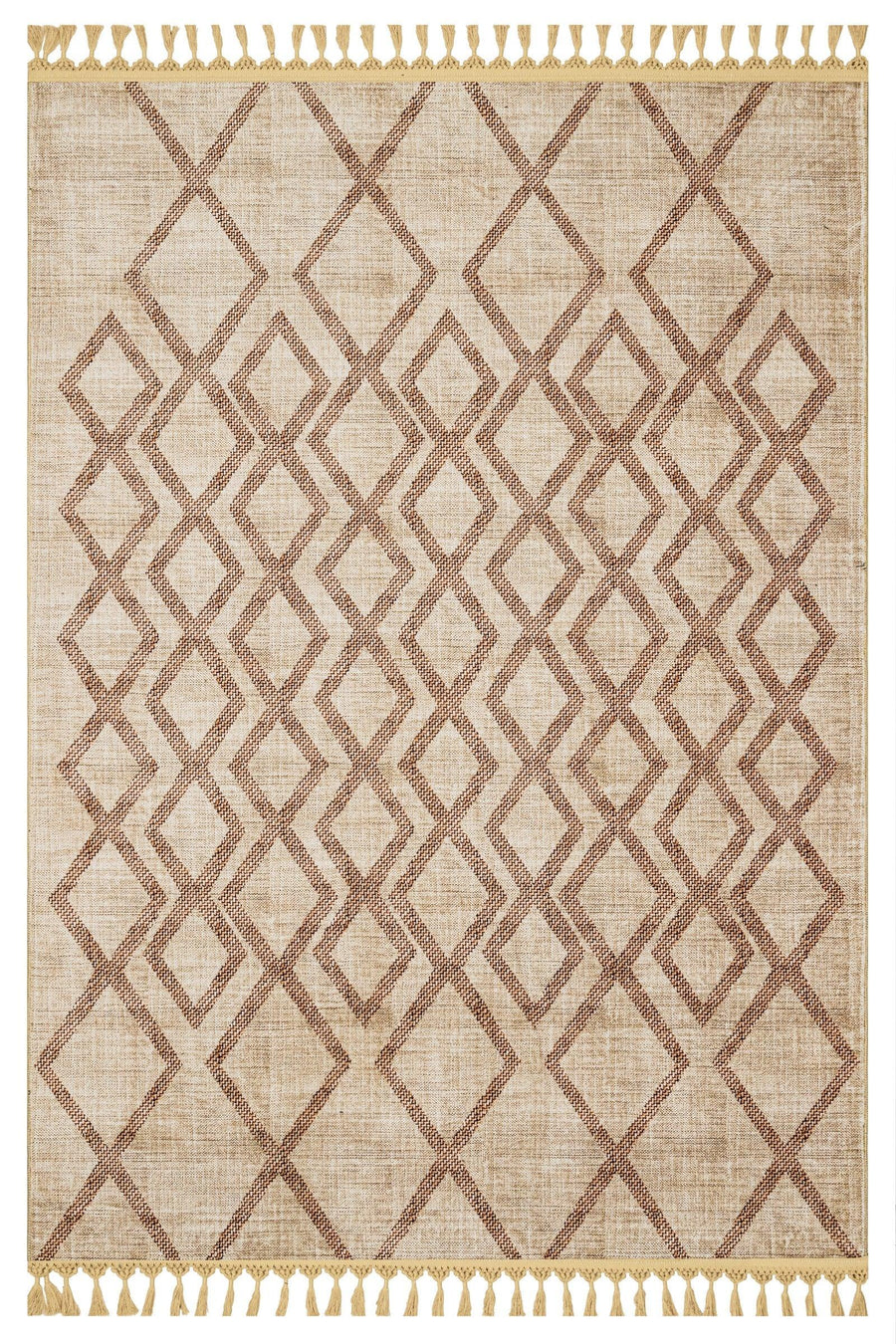 Bej Krem Baklava Desenli Bohem Triko Halı - Yıkanabilir - Kaymaz Taban - Pati Dostu