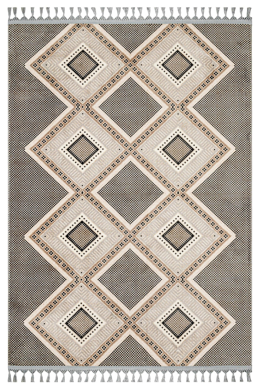 Bej Gri Baklava Desenli Bohem Triko Halı - Yıkanabilir - Kaymaz Taban - Pati Dostu