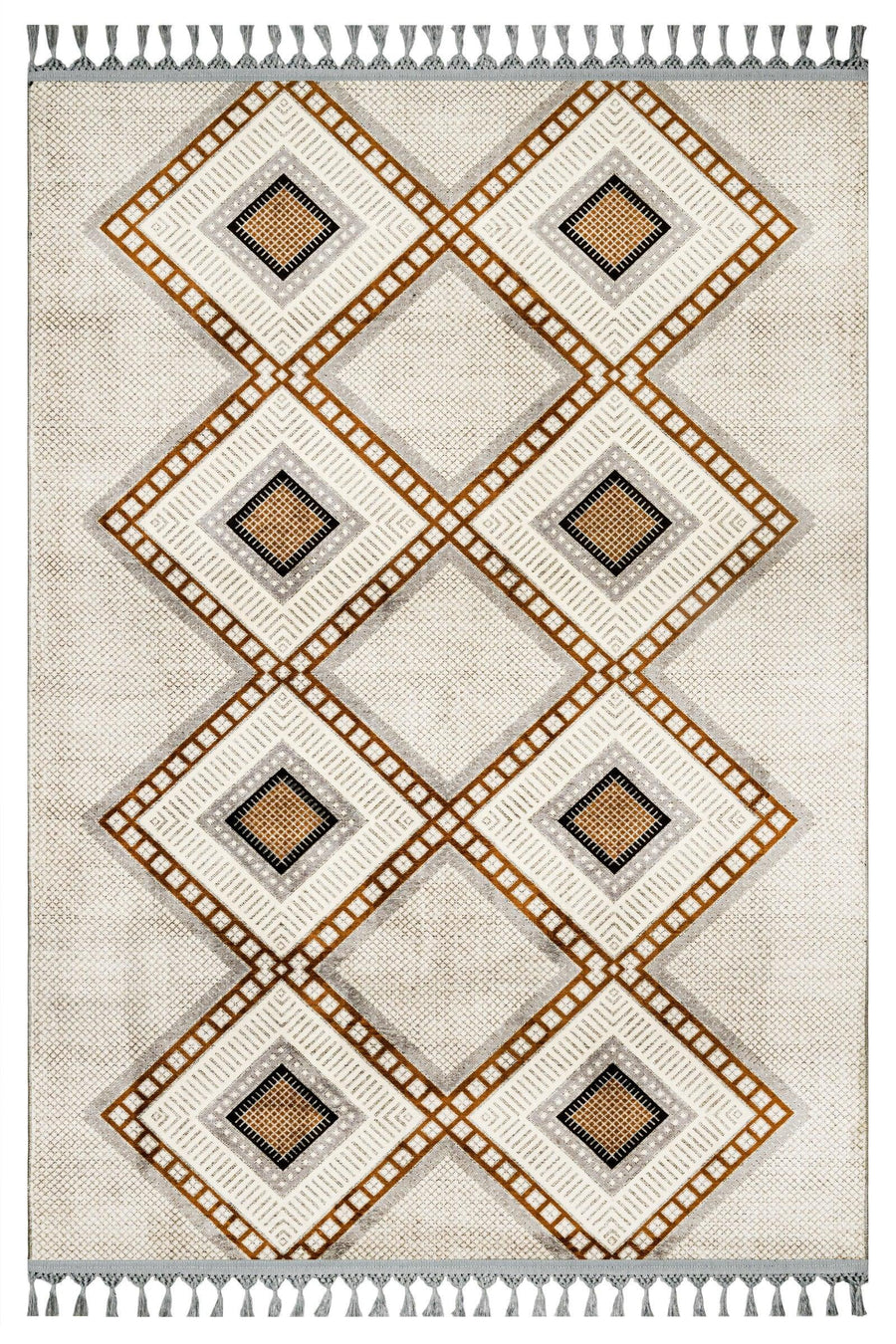 Bej Gold Baklava Desenli Bohem Triko Halı - Yıkanabilir - Kaymaz Taban - Pati Dostu