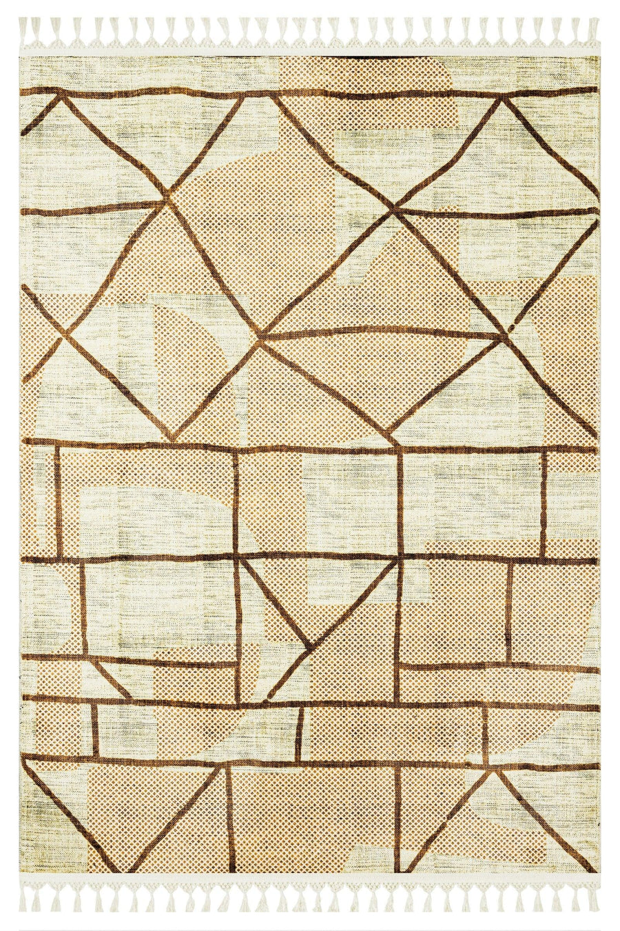 Bej Krem Bohem Etnik Triko Halı - Yıkanabilir - Kaymaz Taban - Pati Dostu