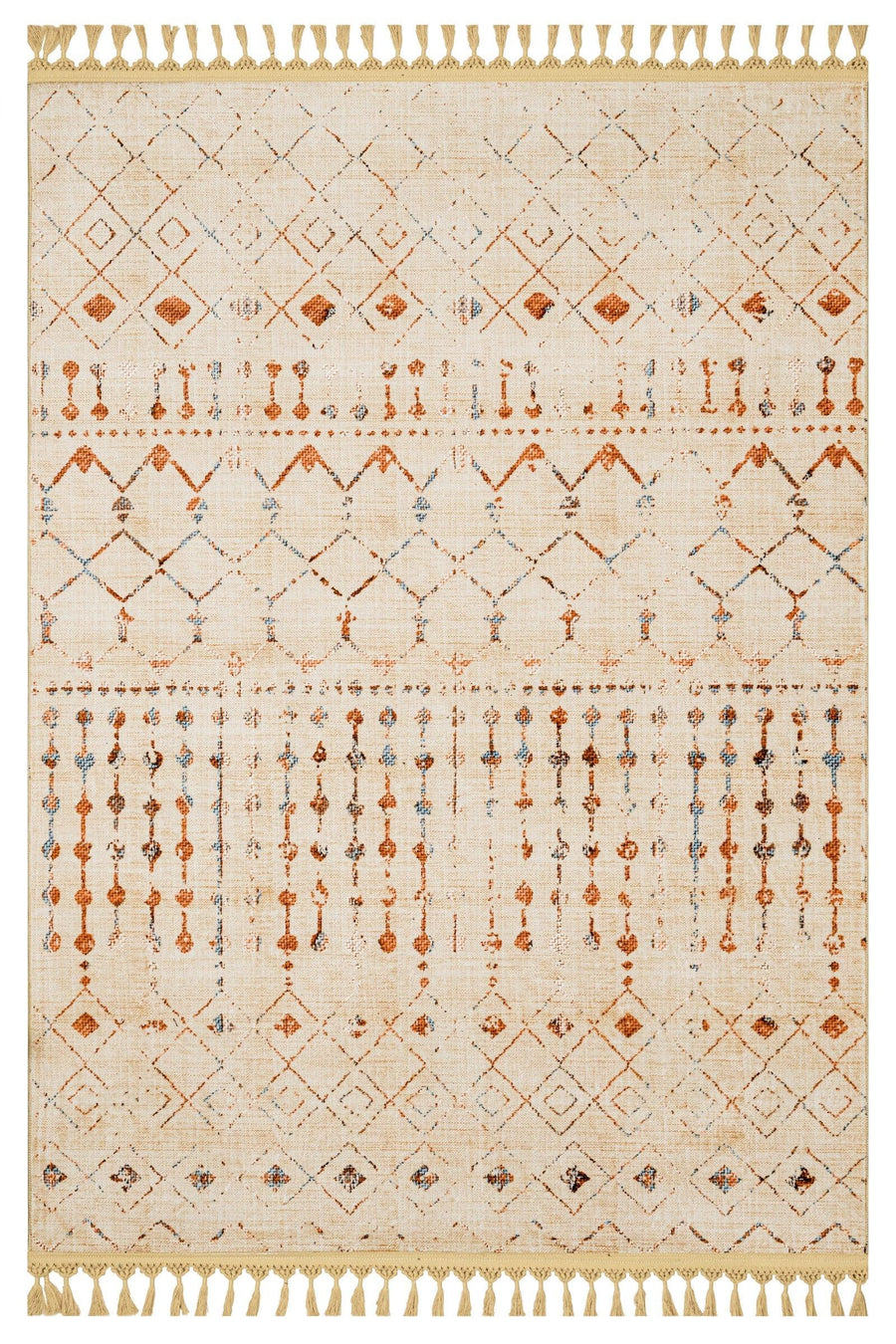 Bej Kırmızı Bohem Etnik Triko Halı - Yıkanabilir - Kaymaz Taban - Pati Dostu