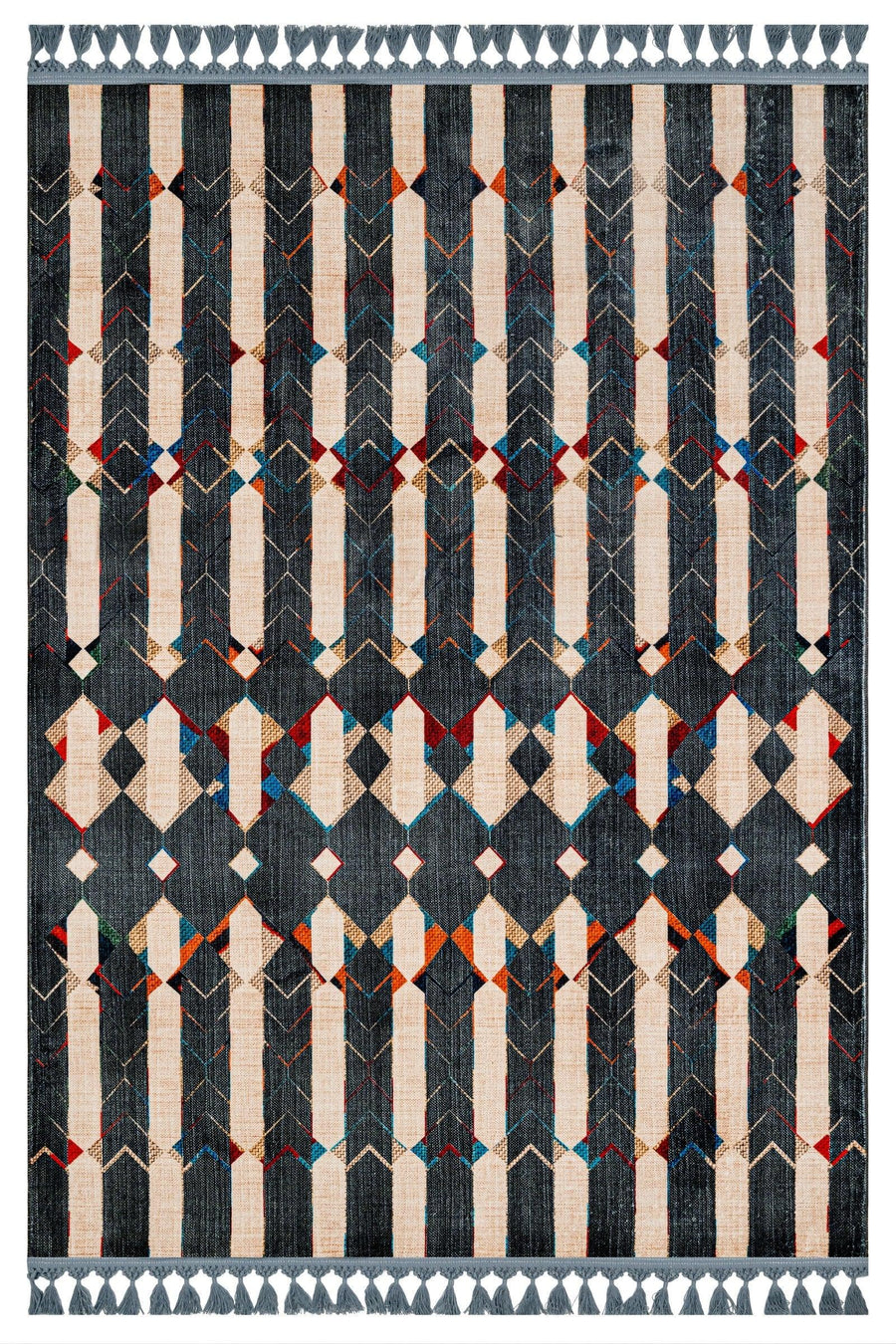 Krem Mavi Bohem Etnik Triko Halı - Yıkanabilir - Kaymaz Taban - Pati Dostu